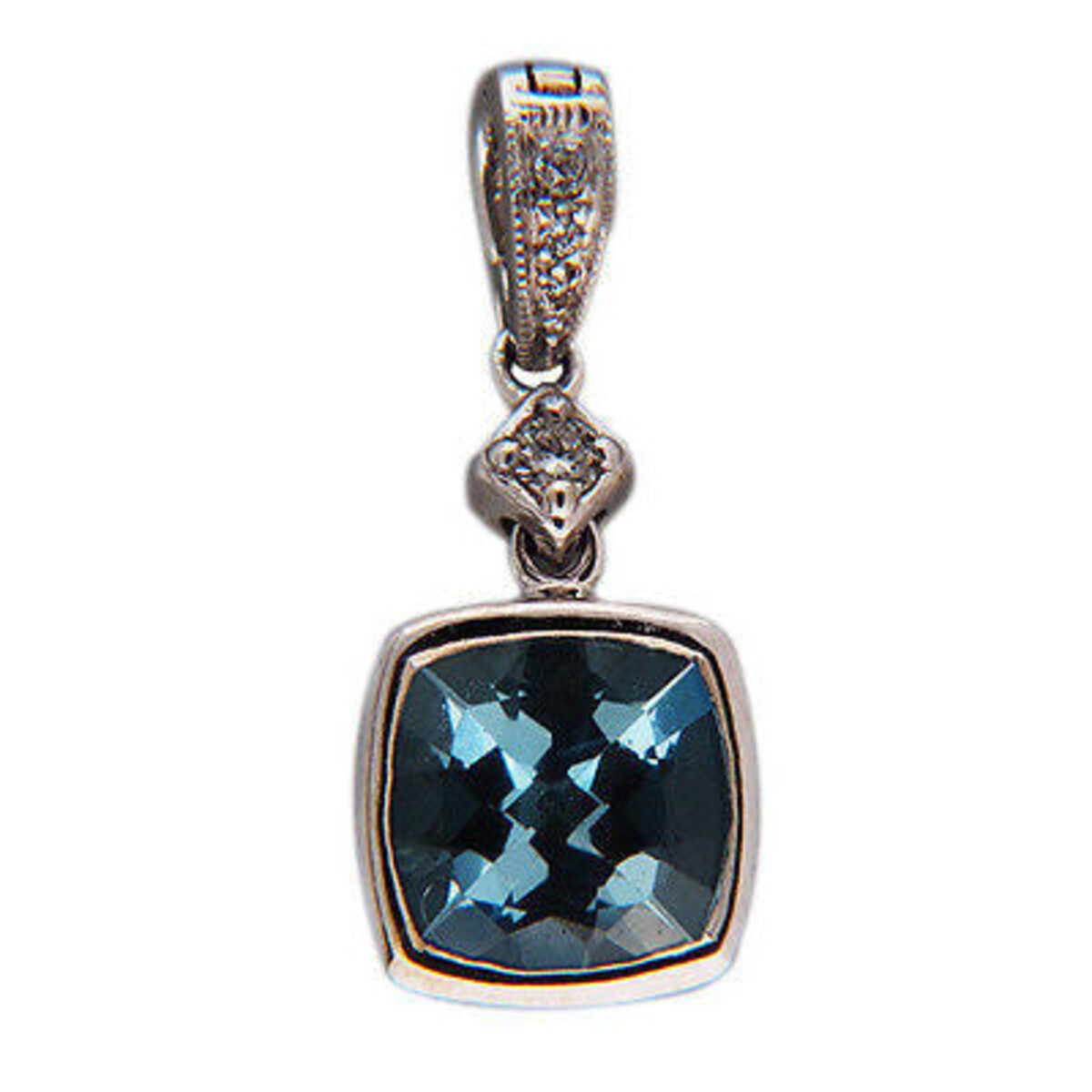 Vintage 1.18 Ct Cushion Natural Aqua Round Diamond 14K Gold Bezel Dangle Pendant