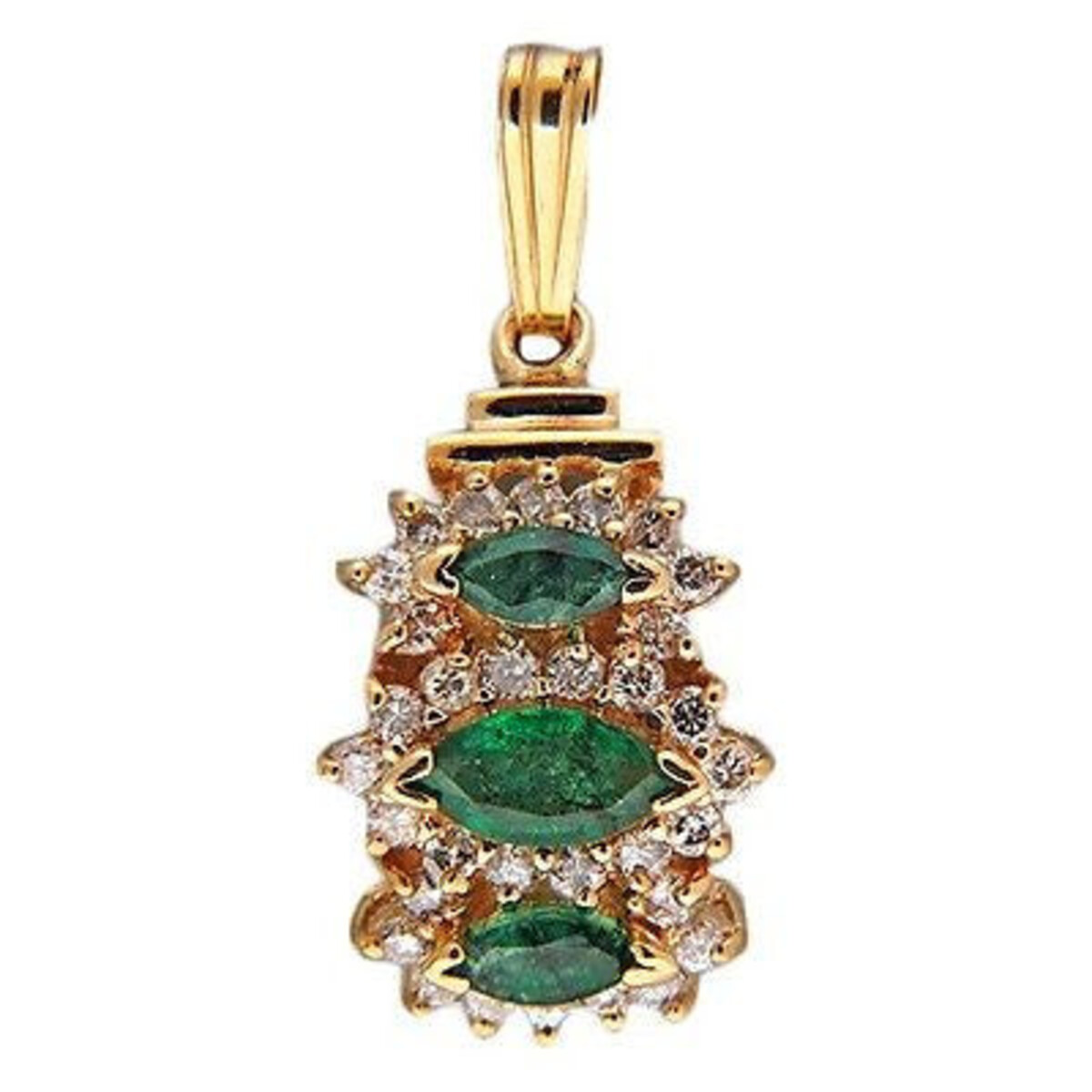Vintage Curved 3 Marquise Emerald 14K Gold 32 Full Cut Round Diamond Pendant