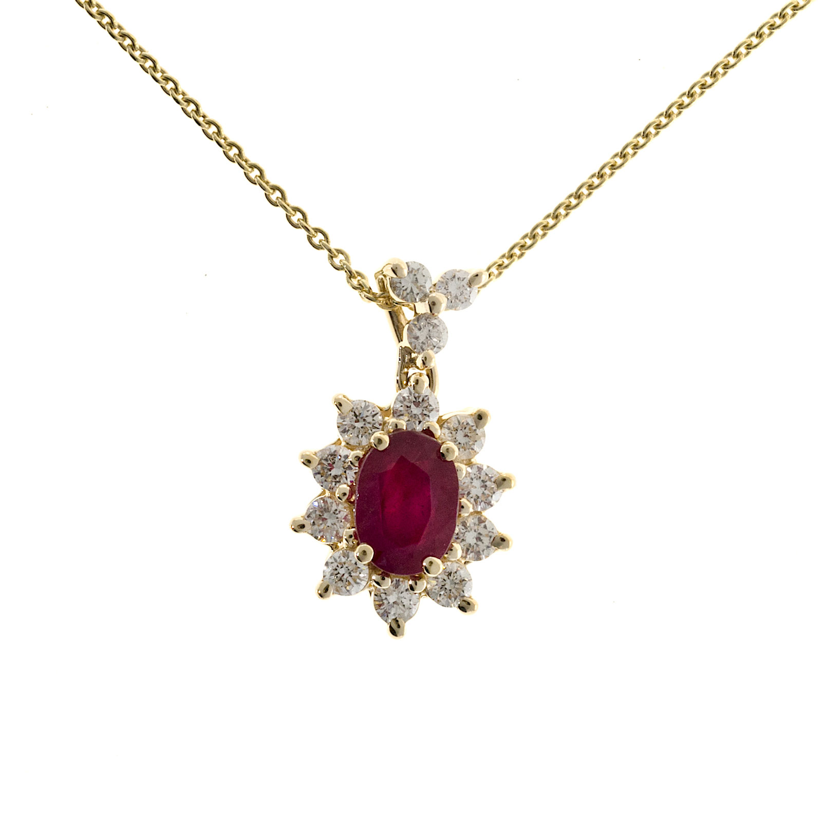 14K Yellow Gold 1.00ct Oval Ruby .63ct Diamond Pendant Chain Vintage Necklace
