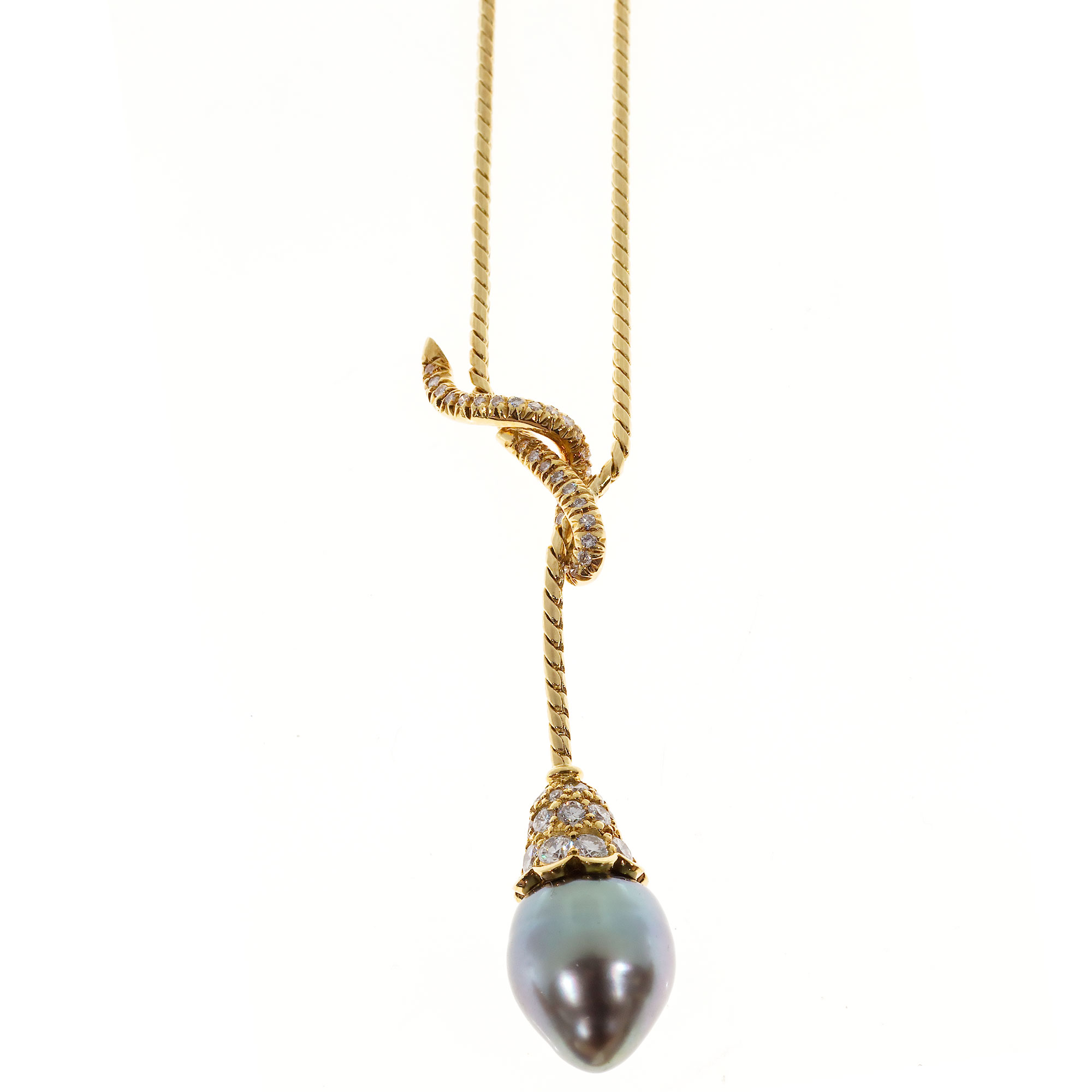 18K Yellow Gold 0.65ct Diamond Cultured Peacock Black South Sea Pearl Dangle Pendant Vintage Necklace 
