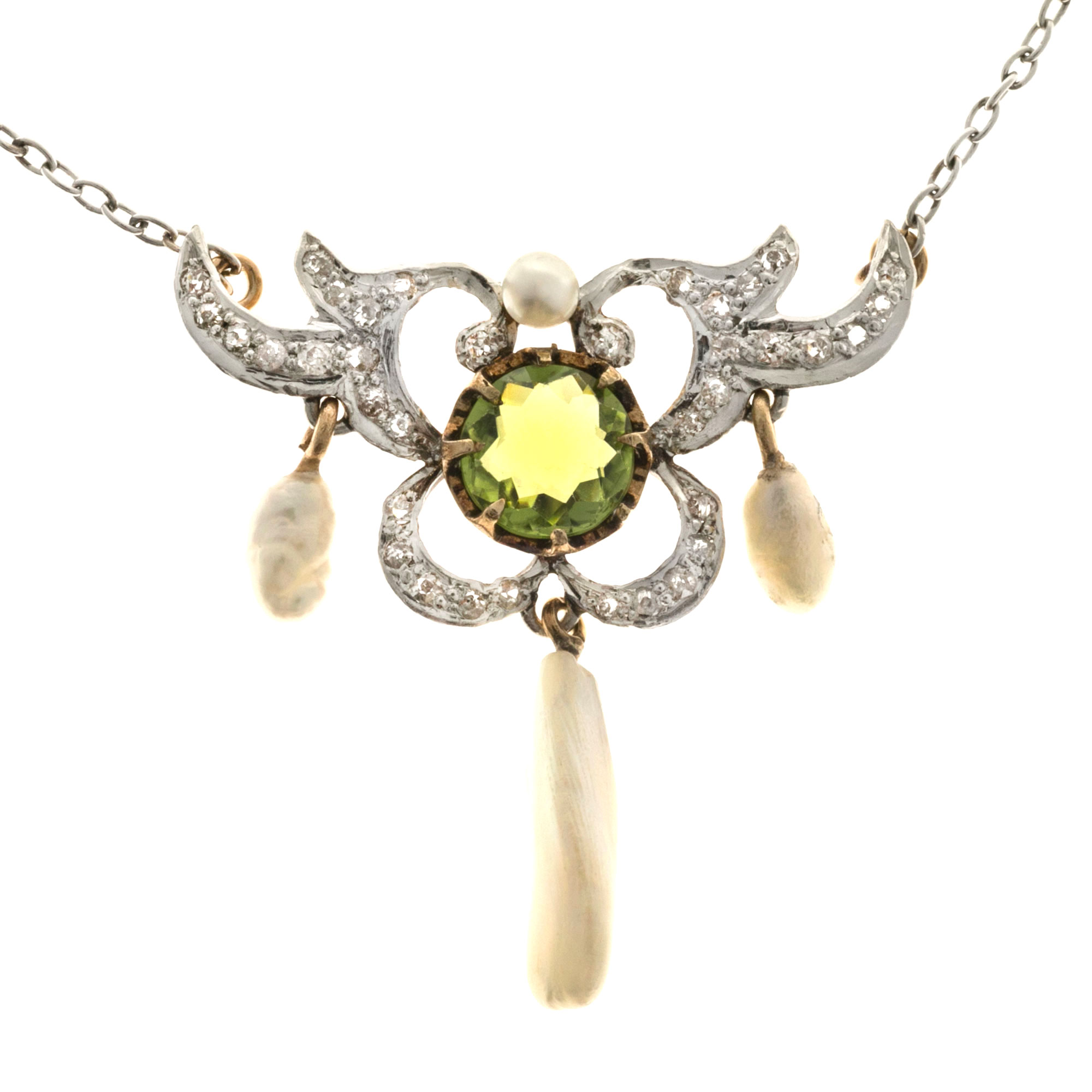 Vintage 14K Pink Gold and Platinum 1.00ct Old Peridot, Diamond and River Pearl Pendant