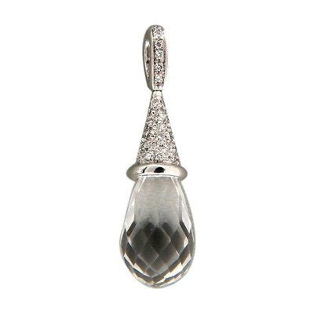Vintage Quartz Crystal Briolette 18K White Gold 0.16 Ct Full Cut Diamond Pendant