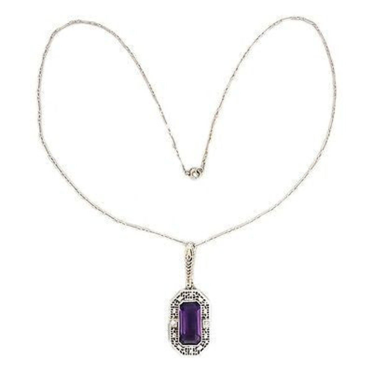 Art Deco 1940'S 14k White Gold Filigree 6.00ct Amethyst Pendant Bar Link Chain