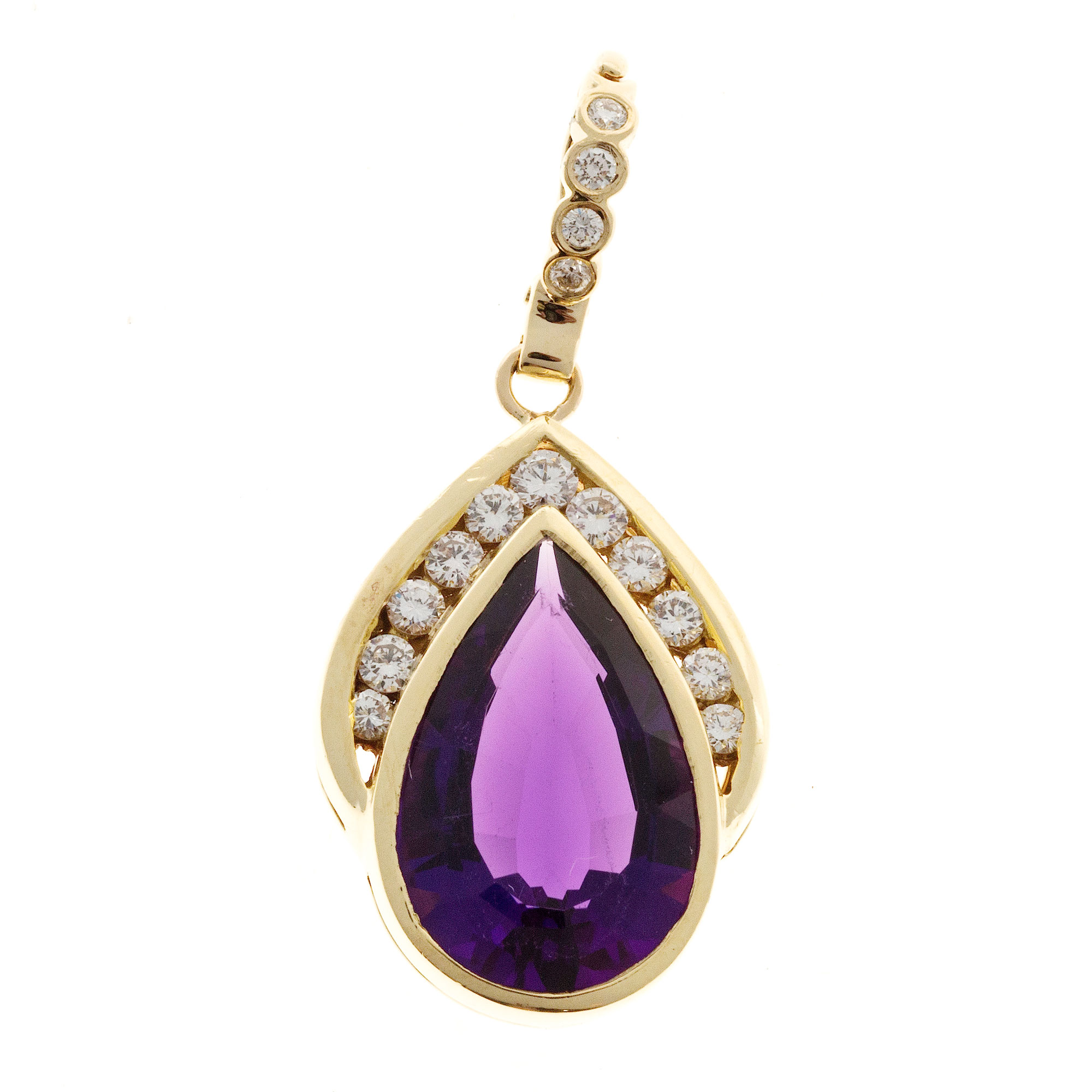 Vintage 14k Yellow Gold Purple 5.50ct Pear Amethyst and .45ctw Full Diamond Pendant Enhancer