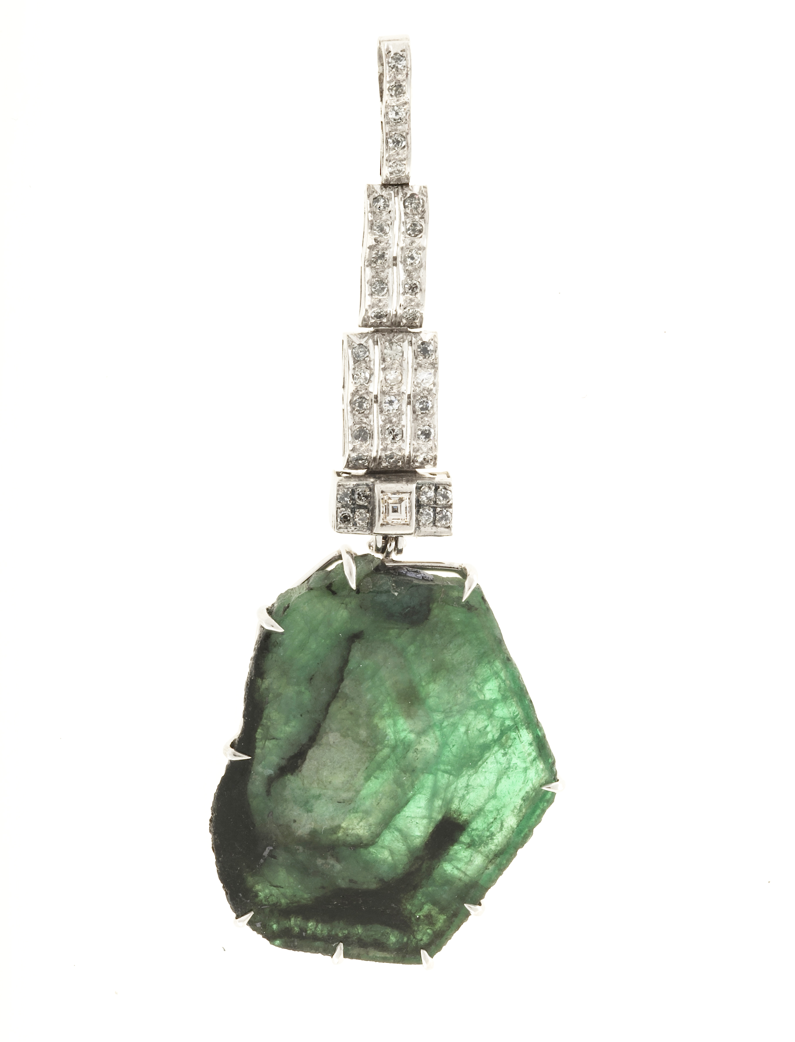 Platinum with 38ct. Emerald Crystal  0.70ct. Diamond Pendant