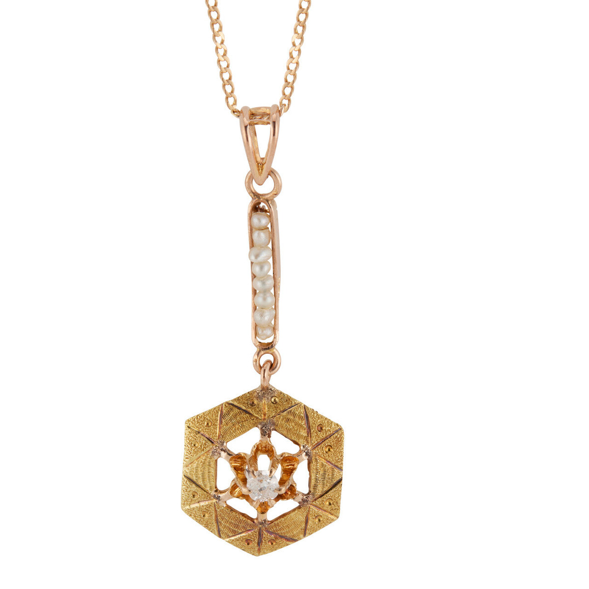 Vintage Estate Pink Gold .025 Ct Diamond 8 Natural Pearl 10K Retro Deco Pendant