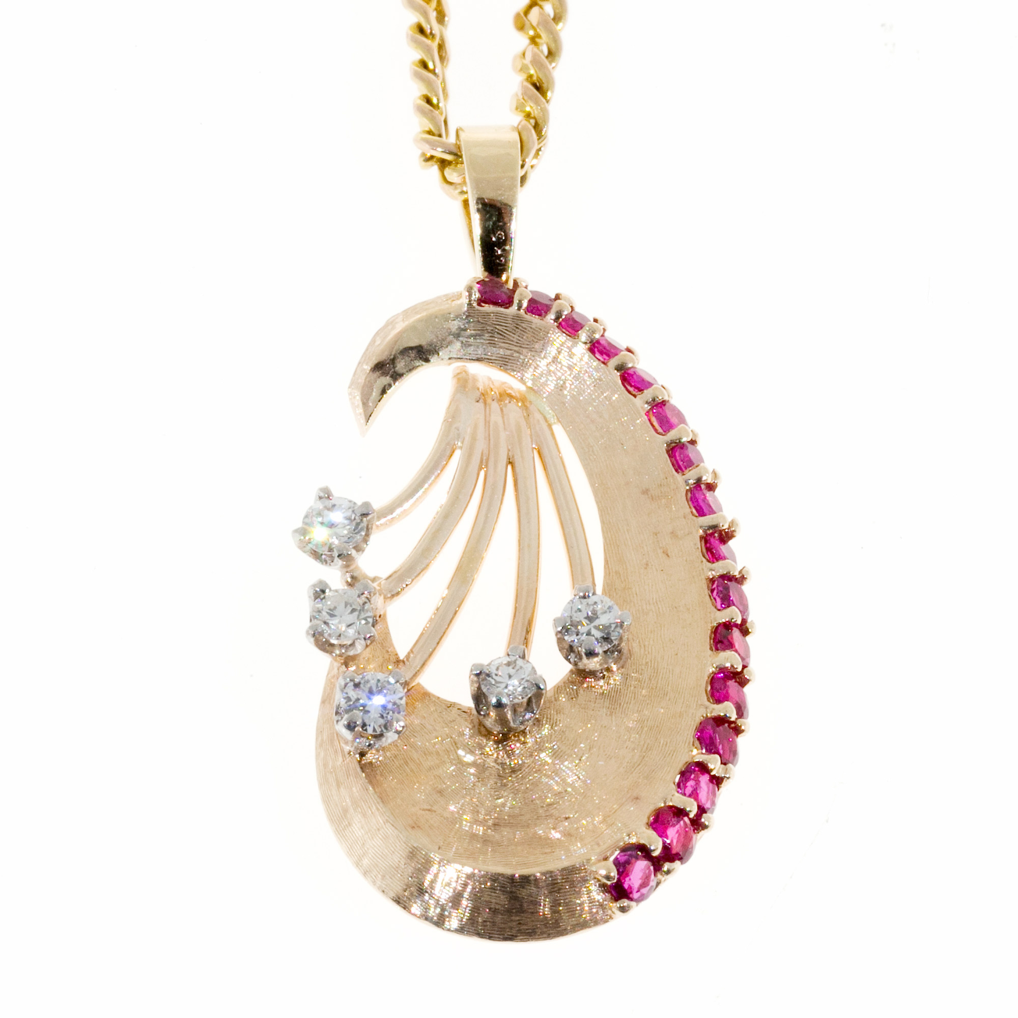 14K Rose Gold with 0.40ct Ruby & Florentine 0.17ct Diamond Vintage Art Deco Pendant Necklace