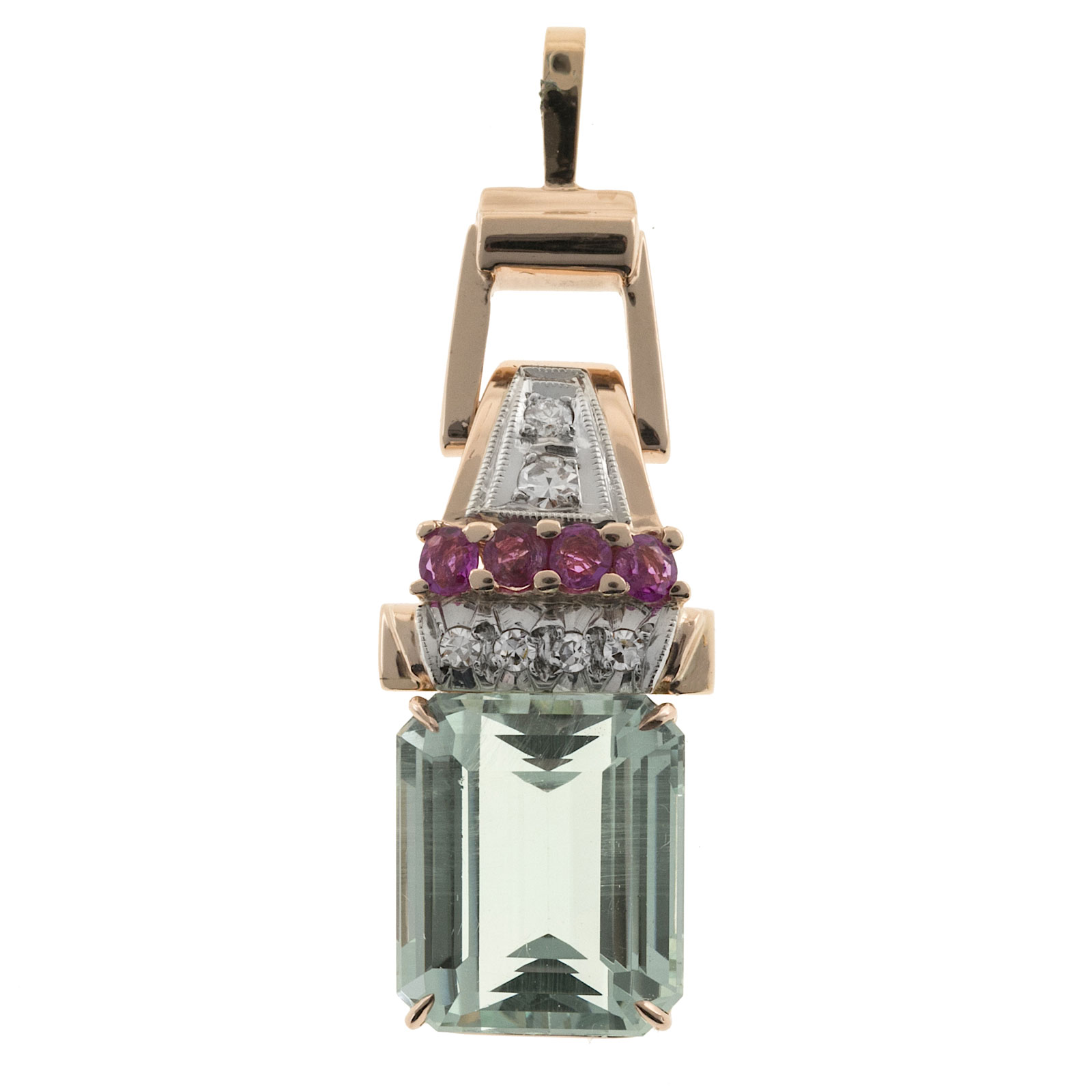 Vintage Art Deco 14K Rose Gold with 10.17ct Aqua, 0.40ct Ruby  0.14ct Diamond Pendant