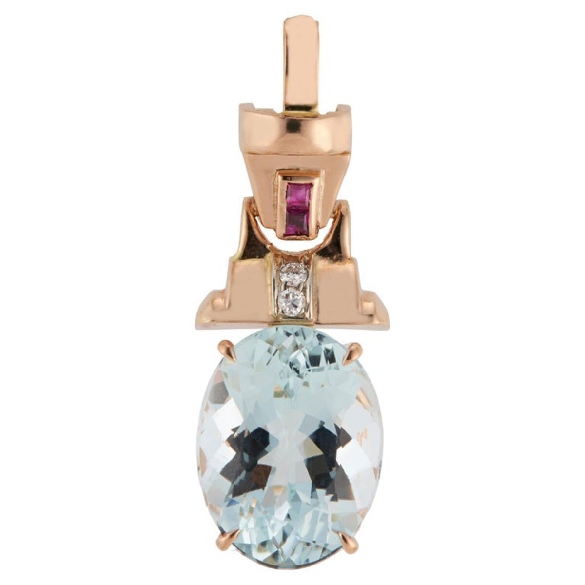 14K Rose Gold Art Deco 9.00 Ct Aquamarine Ruby Diamond Pendant