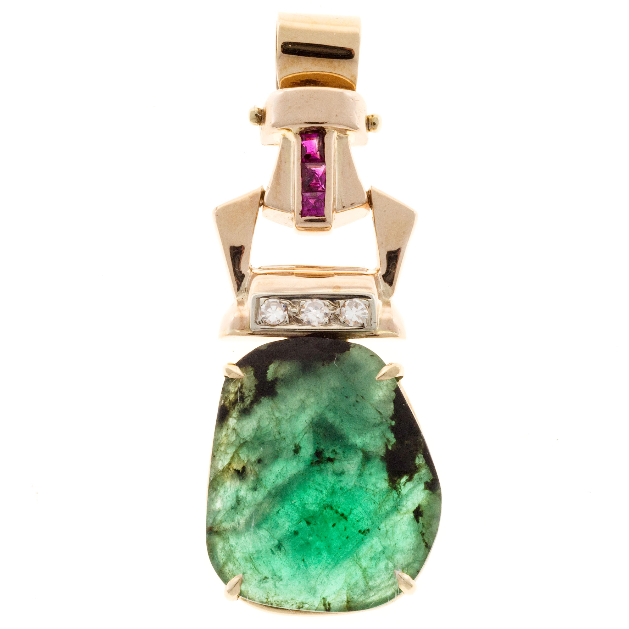 14K Rose Gold with 7.78ct Emerald, Ruby  Diamond Vintage Retro Art Deco Pendant