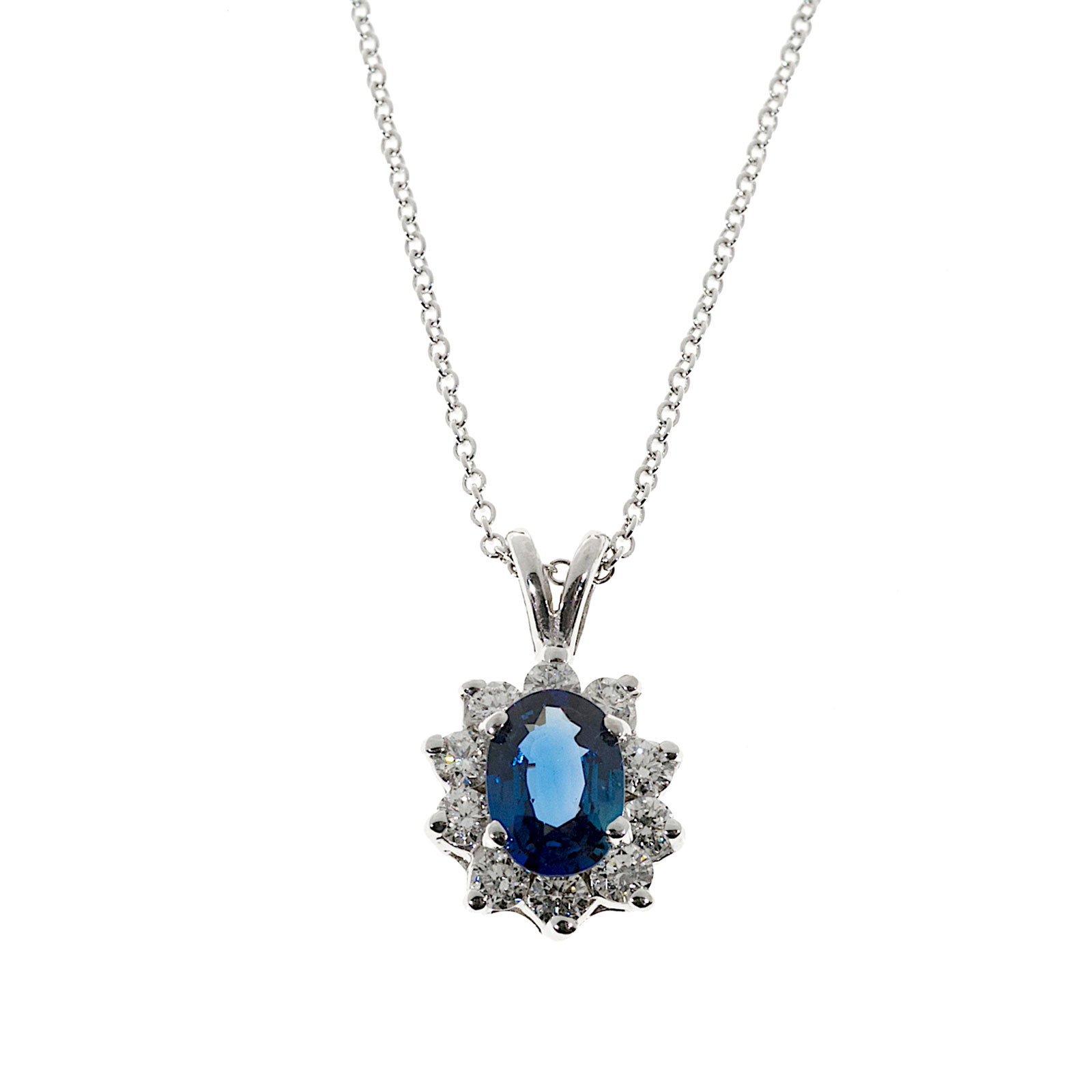 18K White Gold with 1.00ct Cornflower Blue Sapphire  Diamond Pendant Necklace