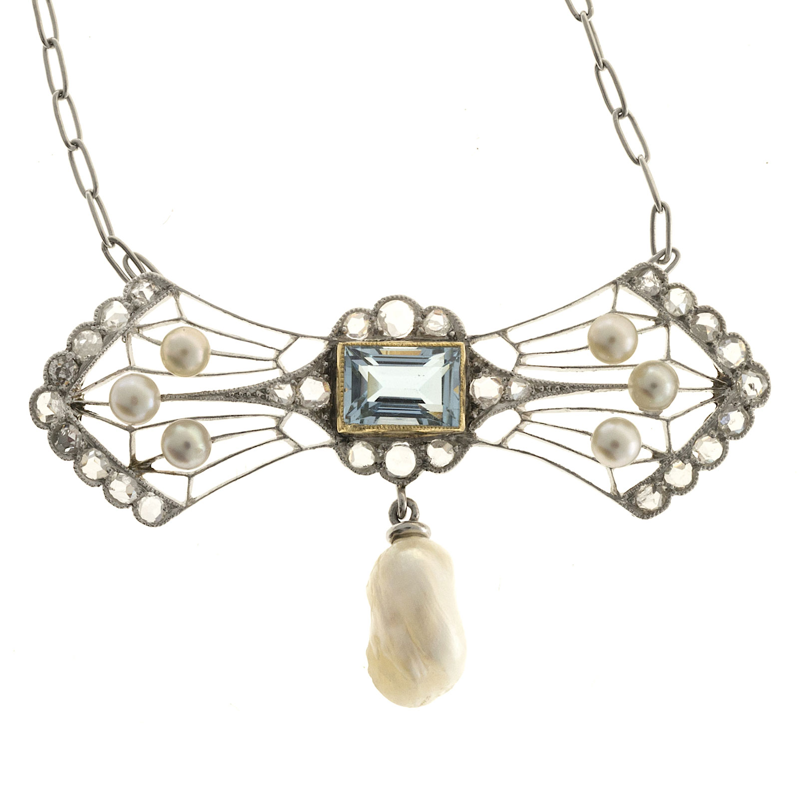 Platinum with 0.85ct Aquamarine Pearl  Diamond Vintage Pendant Necklace 
