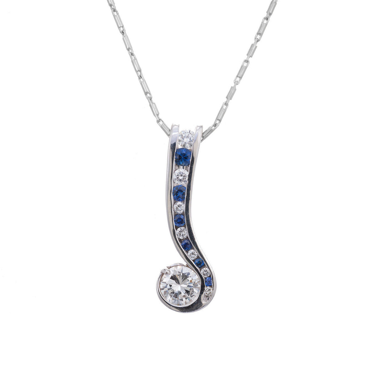 Vintage 14K White Gold Diamond and Sapphire Swirl Pendant Necklace