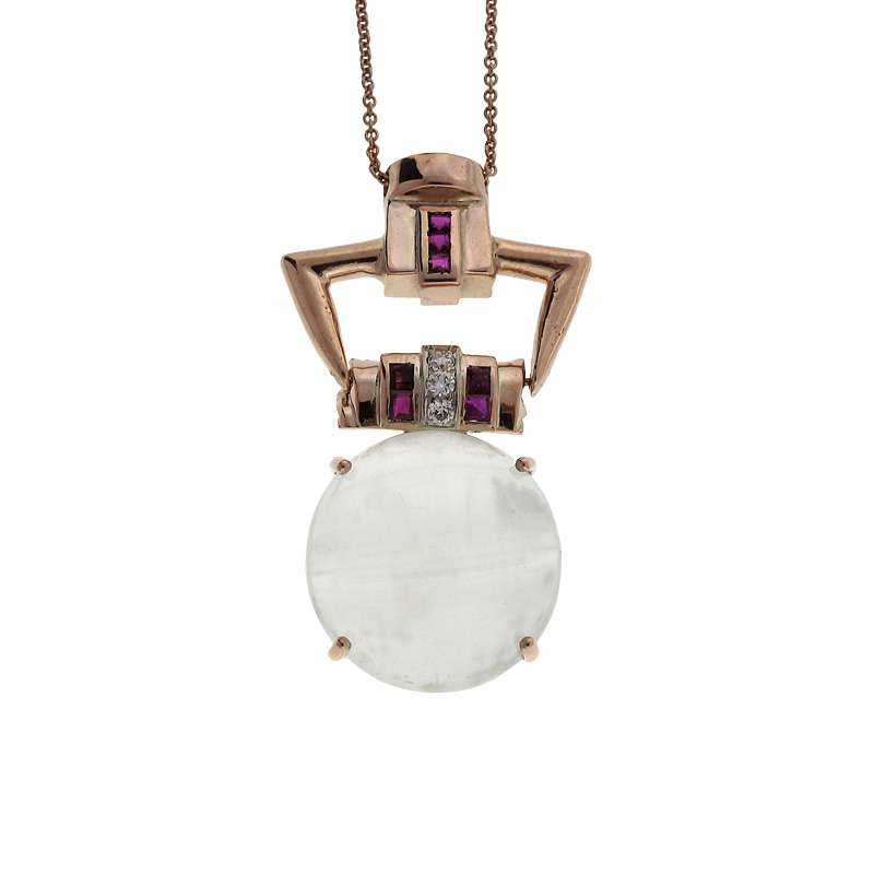 Art Deco 14K Rose Gold with 20.50ct Cats Eye Aquamarine, Diamond  Ruby Pendant Necklace
