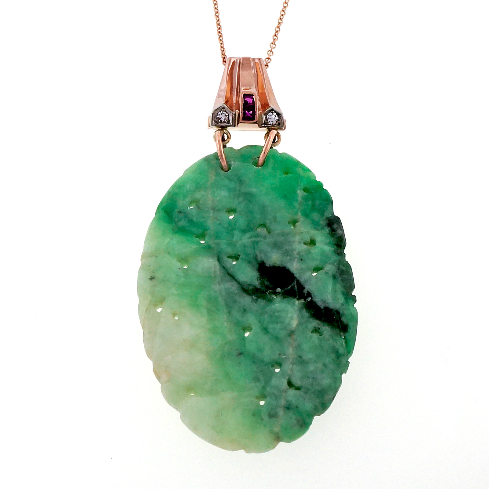 Art Deco 14K Pink Gold with 43.79ct Jadeite Jade, Ruby  Diamond Pendant Necklace