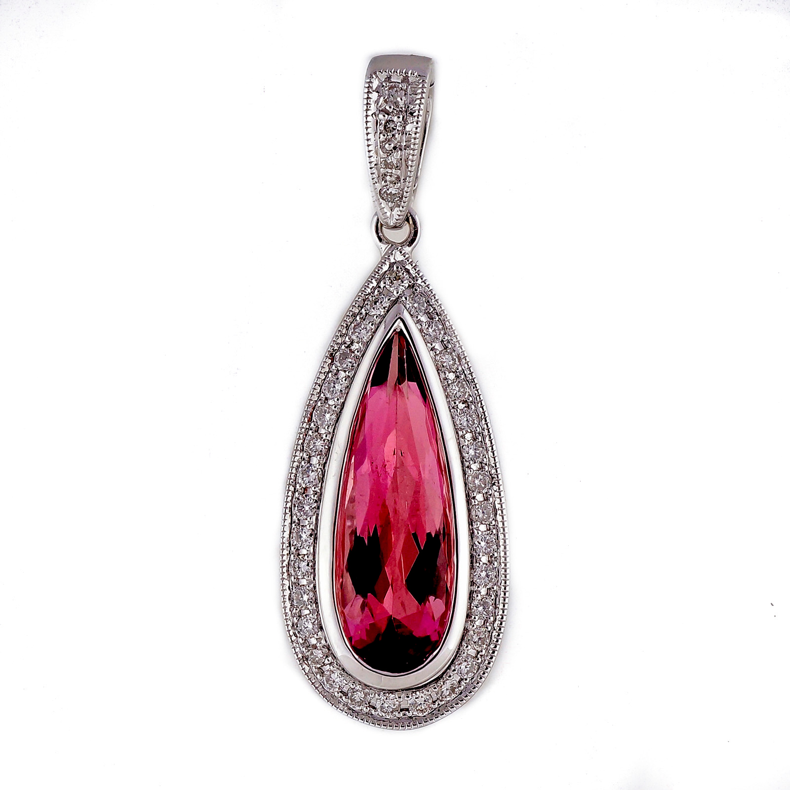 14K White Gold with Pink Tourmaline  Diamond Halo Pendant