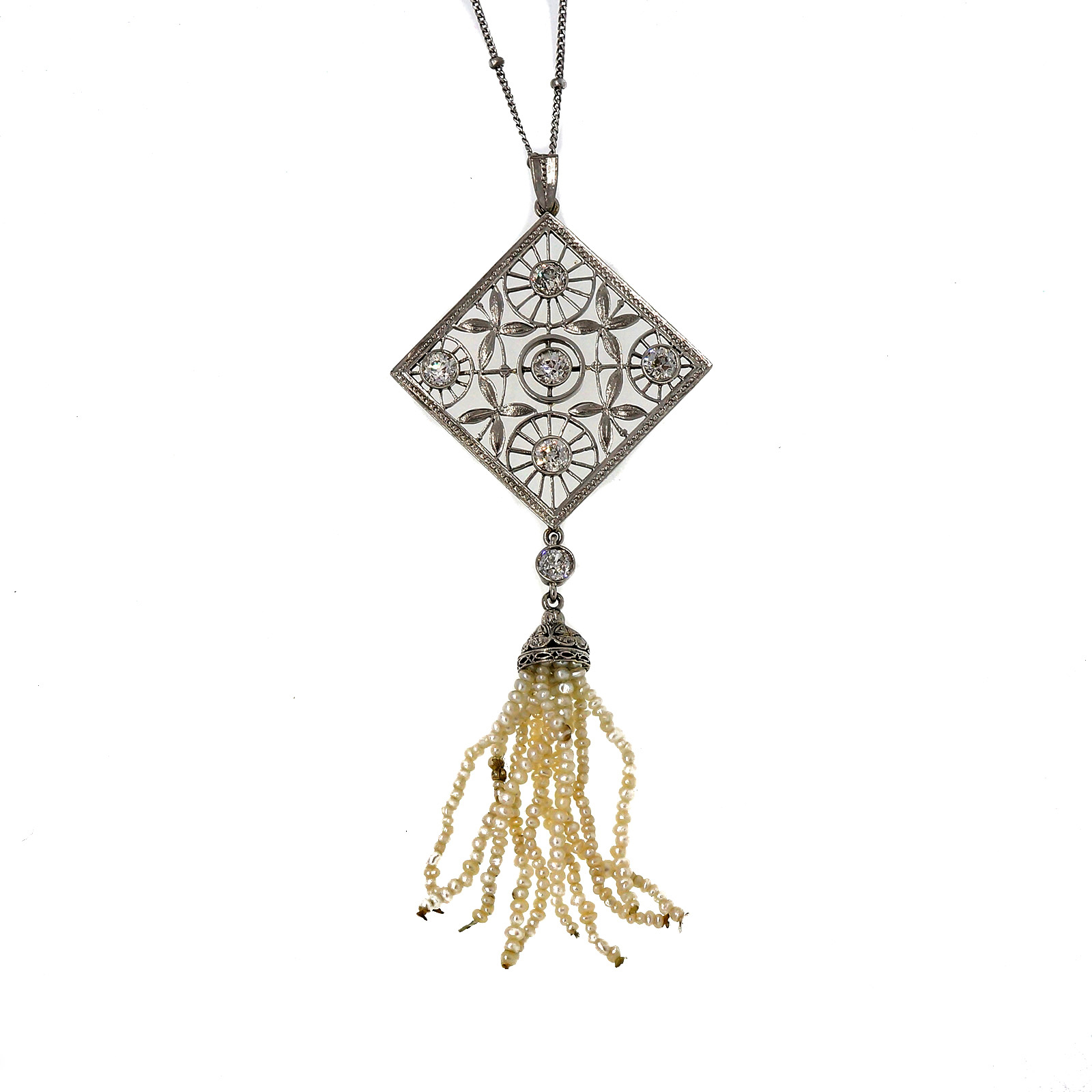 Estate Victorian Platinum .90ctw Old European Diamond and Cultured Pearl Tassel Pendant 