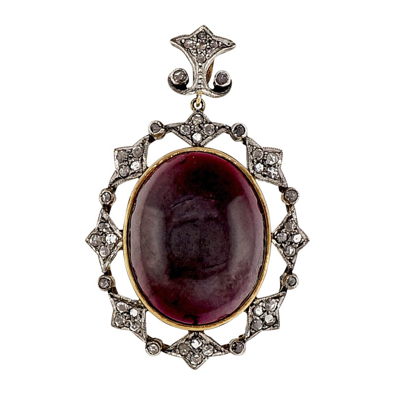 18K Pink Gold and Sterling Silver 15.00ct Cabochon Raspberry Garnet  .60ct Diamond Pendant