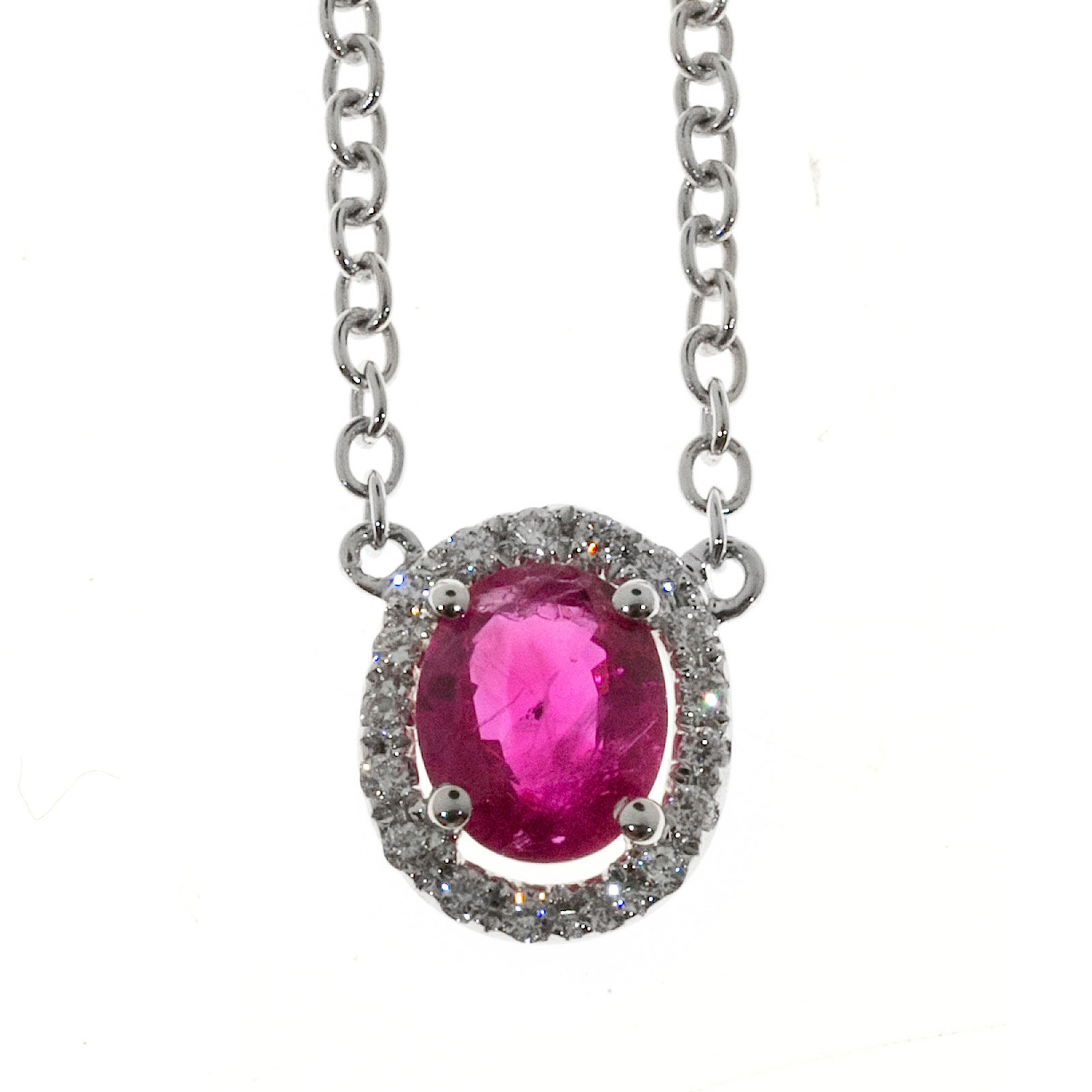 18K White Gold Halo Diamond Ruby By The Yard Pendant Necklace