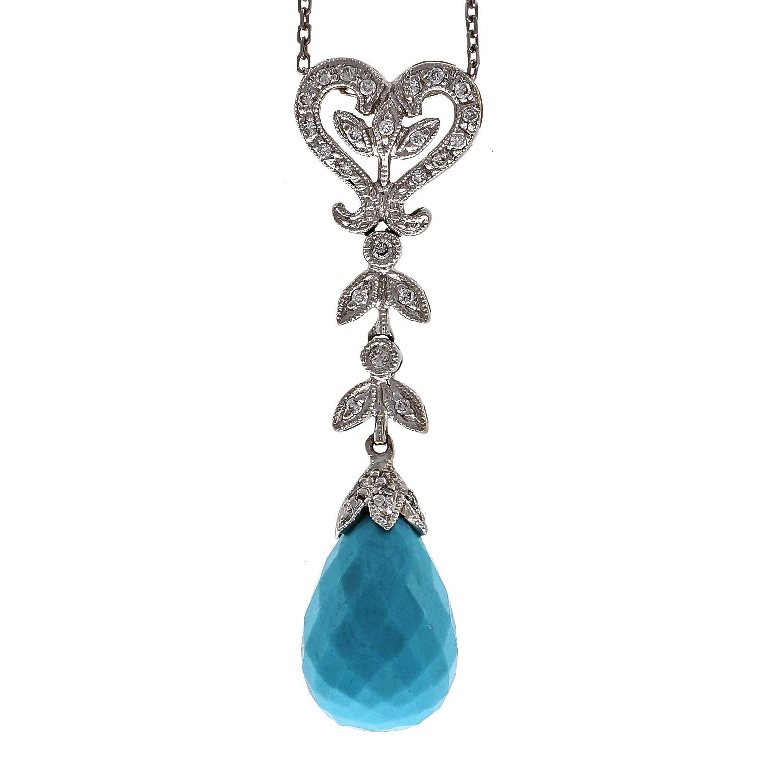 14K White Gold with Turquoise  0.18ct Diamonds Pendant Necklace 