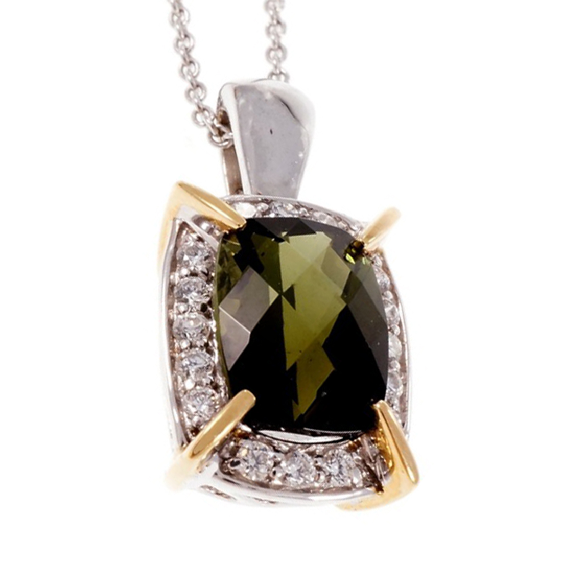 14K White  Yellow Gold with 1.25ct Green Tourmaline  Diamond Pendant Necklace