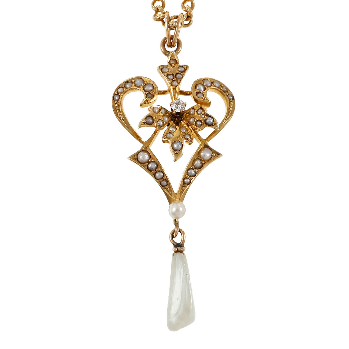 Vintage 14k Yellow Gold Freshwater Cultured Pearl and Diamond Pendant