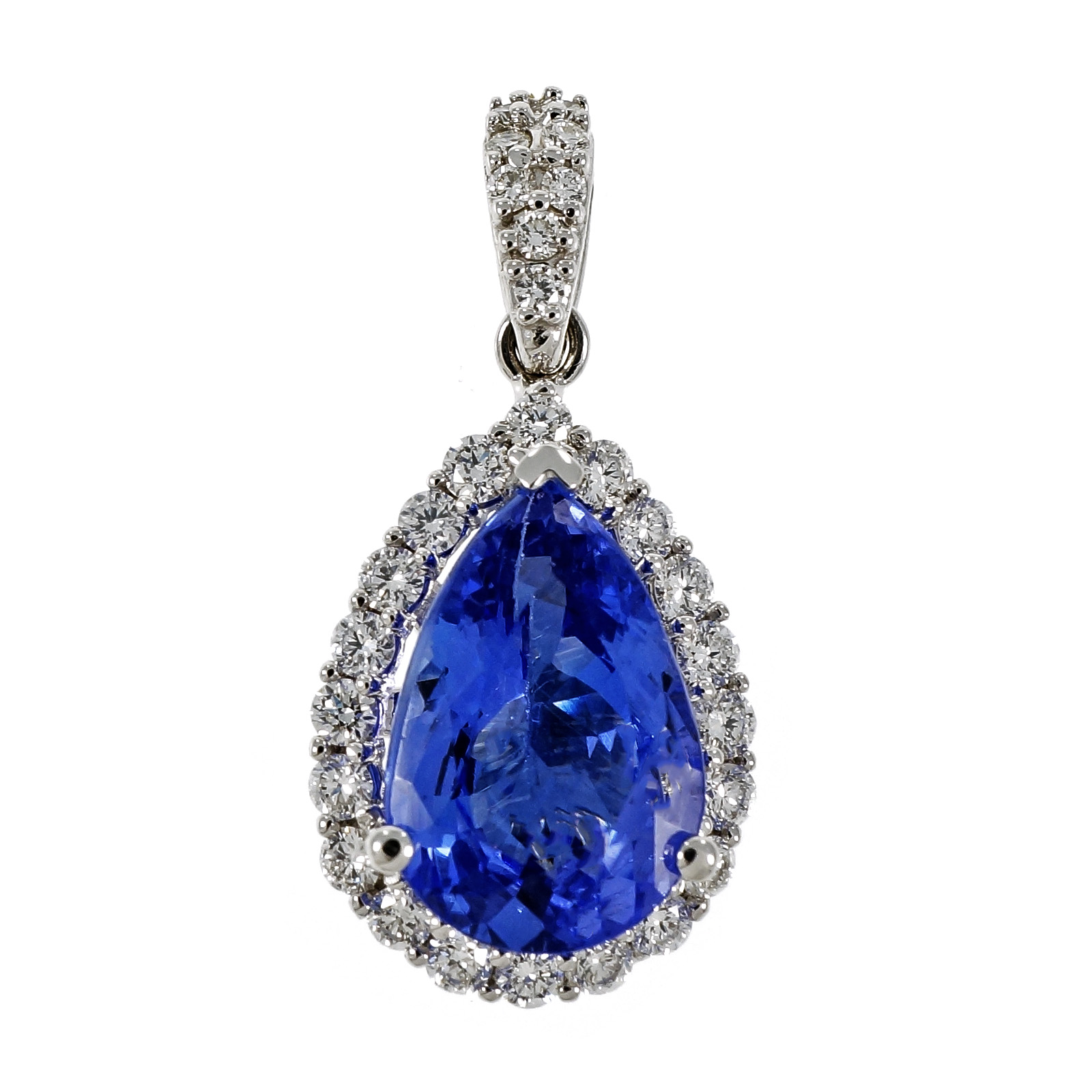 14K White Gold 3.55ct Tanzanite Purplish Blue Pear Shape Diamond Pendant 