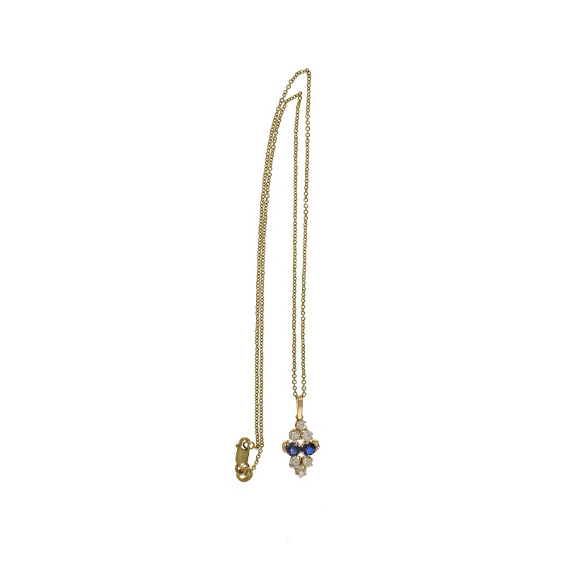14K Yellow Gold Sapphire Old Mine Diamonds Pendant Necklace