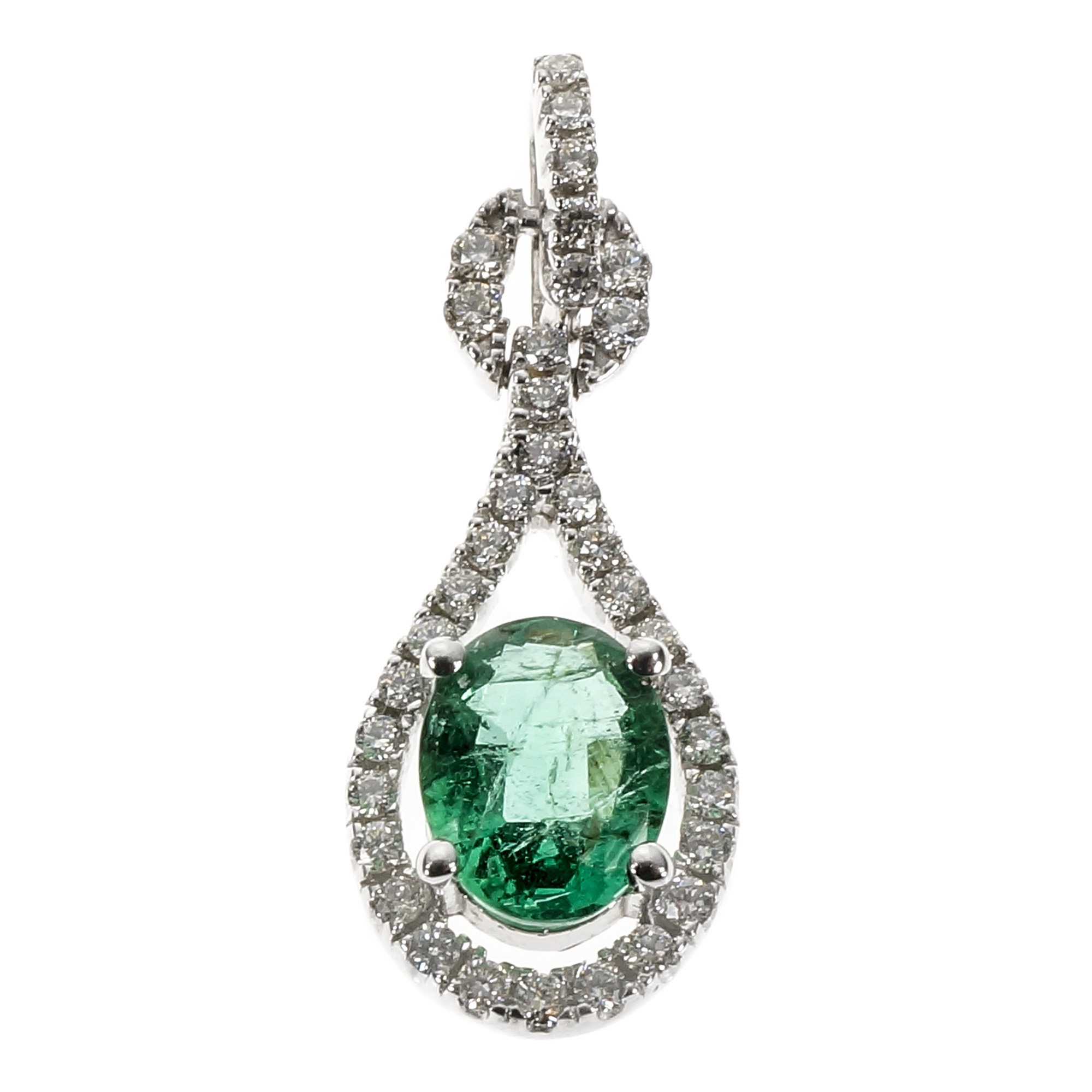 14K White Gold Green Emerald Diamond Pendant 