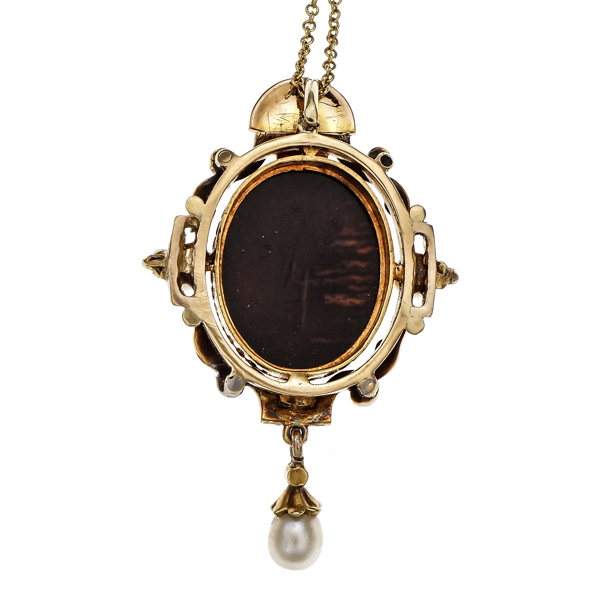 Victorian Vintage Carved Hardstone Pendant Natural Pearl Rose Cut Diamond 14k