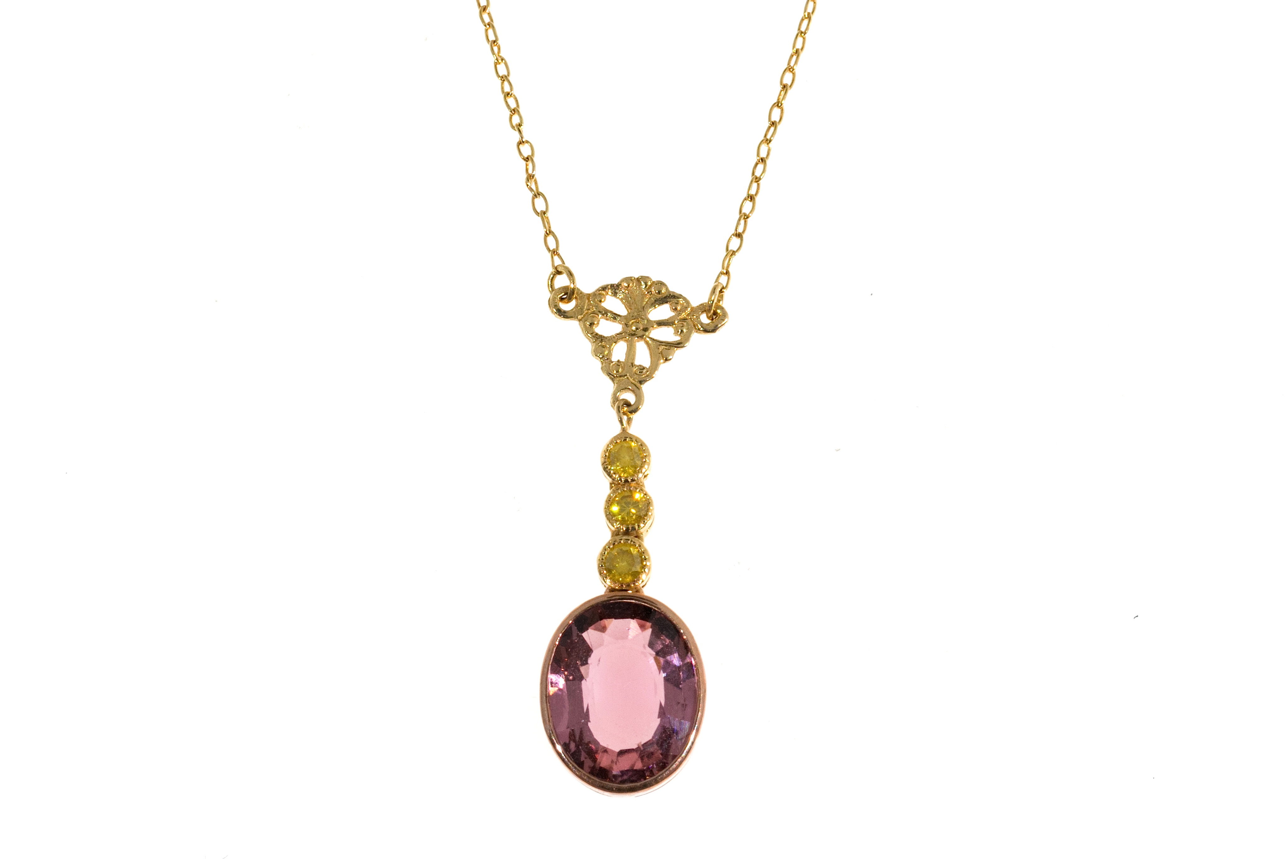 18K Pink and Yellow Gold 2.4cts Pink Tourmaline  Yellow Diamond Pendant Necklace