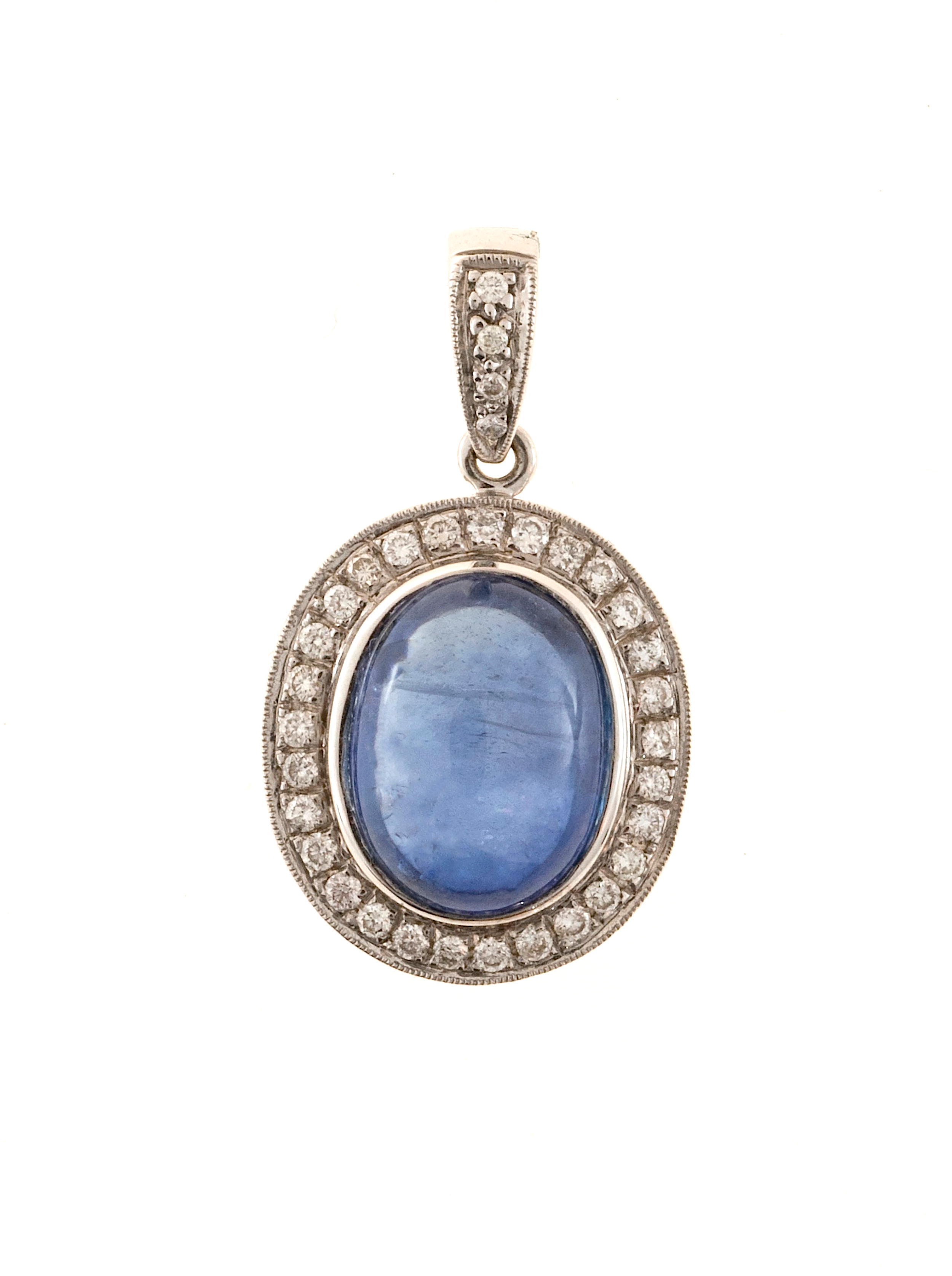 18K White Gold with 5.28ct Ceylon Oval Sapphire and 0.35ct Diamond Pendant 