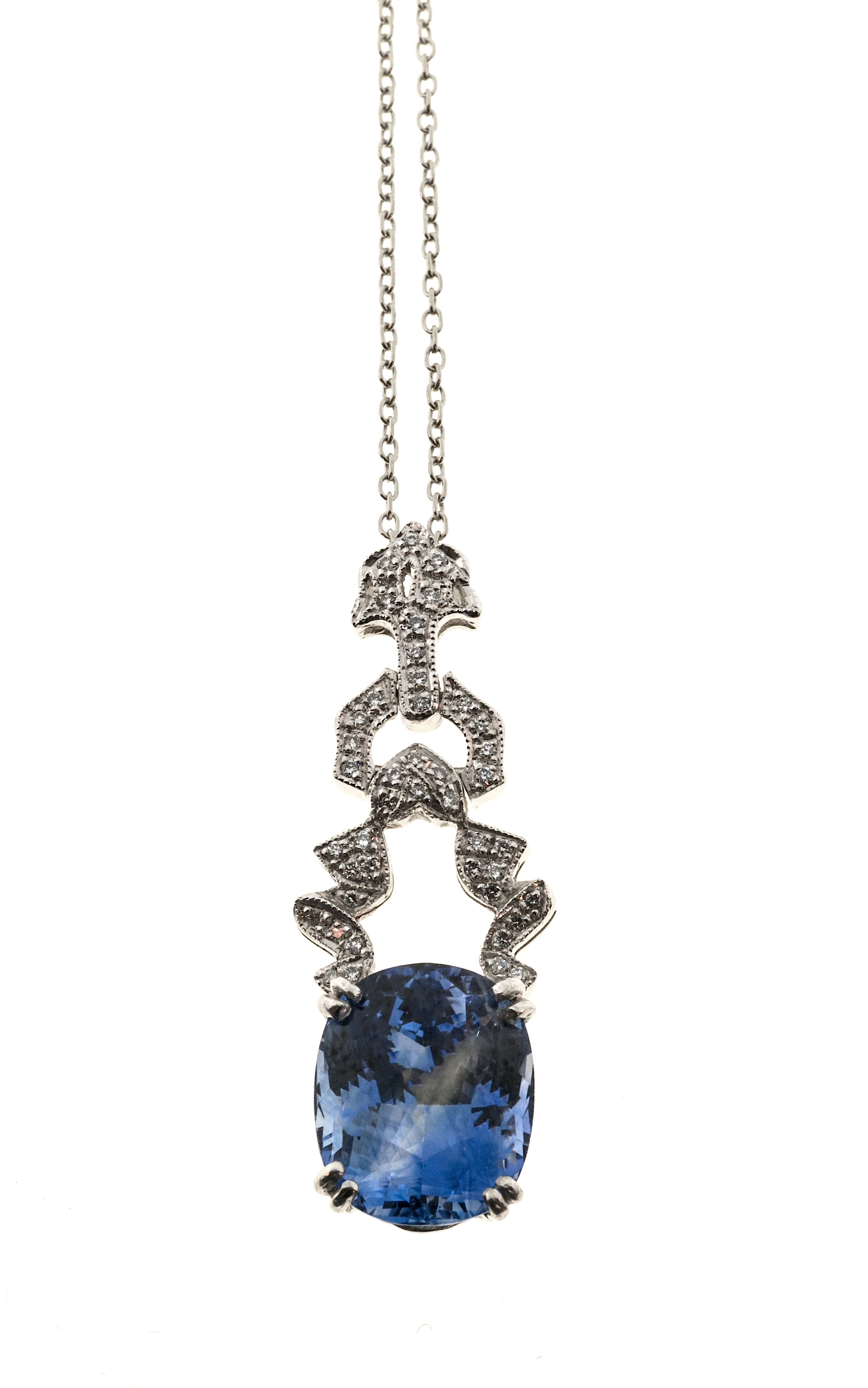 Platinum  6.65ct Periwinkle Blue Ceylon Sapphire  0.20ct. Diamond Necklace