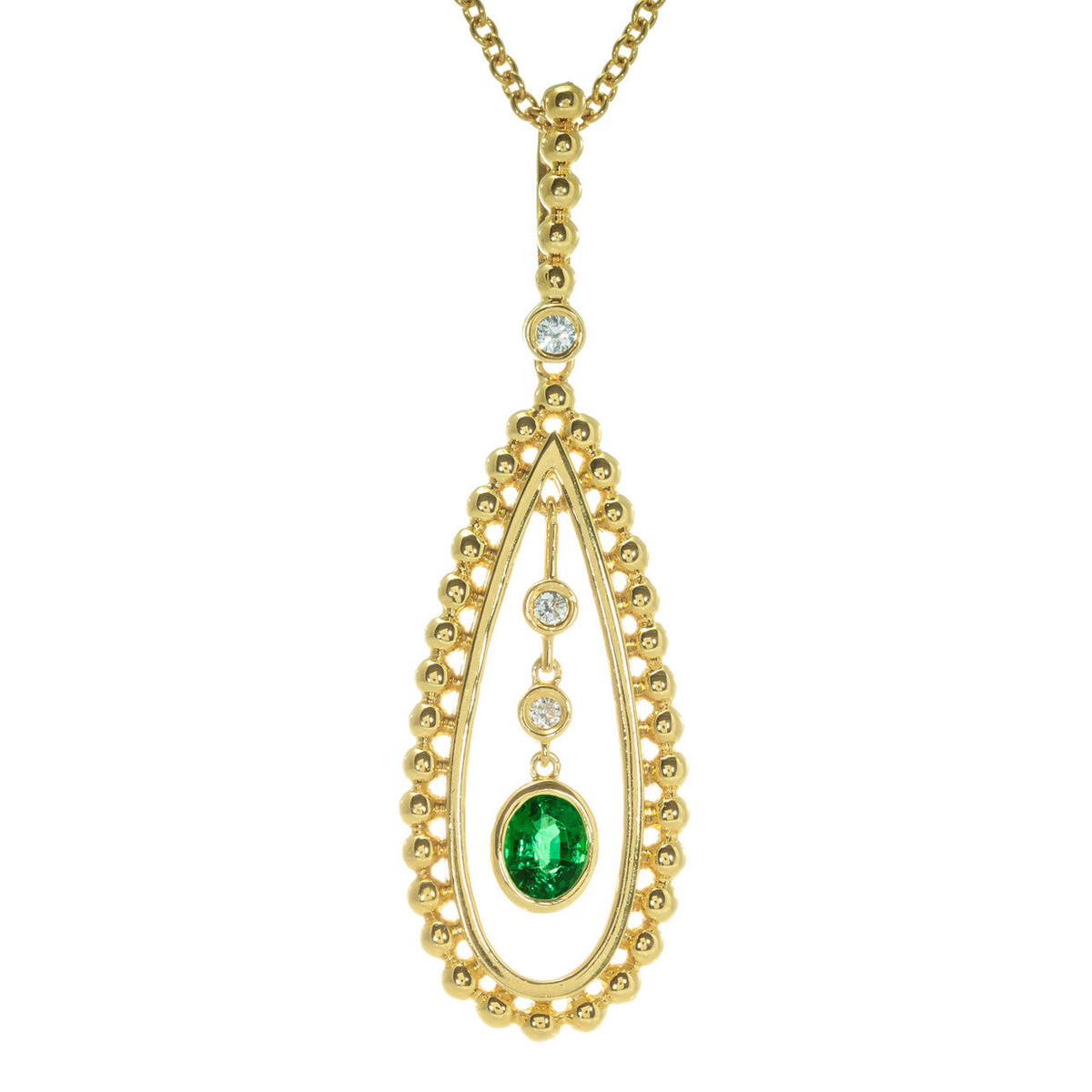 Estate Fine Bright Oval Emerald, 18K Yellow Gold and Diamond Pendant