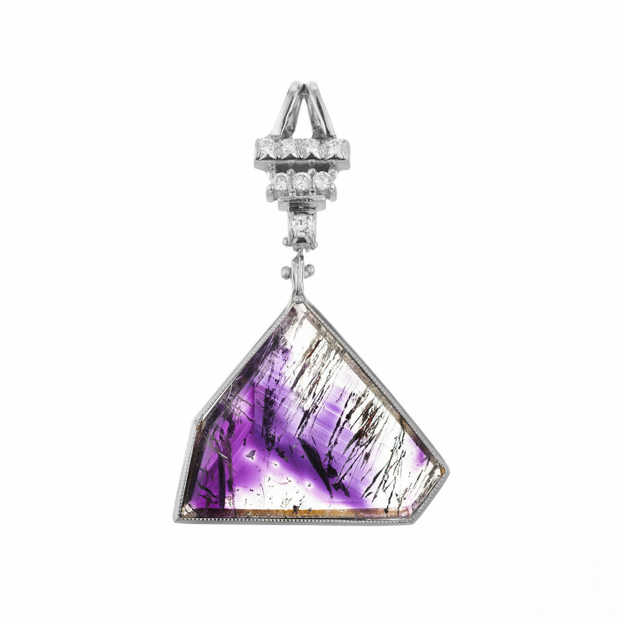 Platinum Vintage Deco Goethite Quartz Amethyst Pendant Diamond