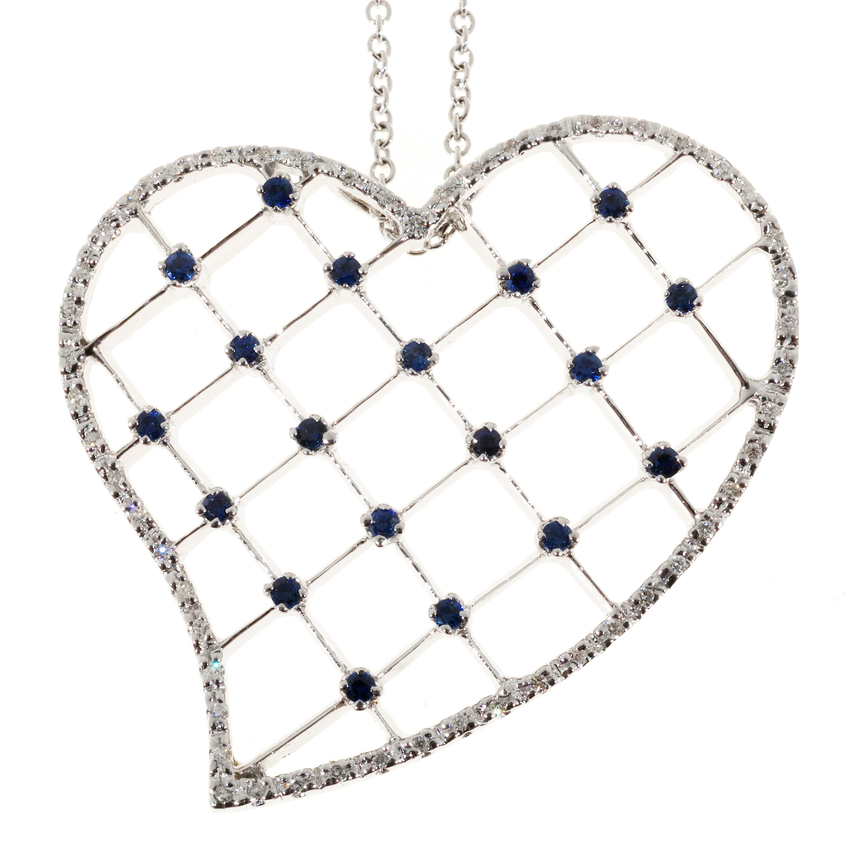 18K White Gold 0.57cts Checkerboard Bright Sapphire  Diamond Vintage Heart Pendant Necklace