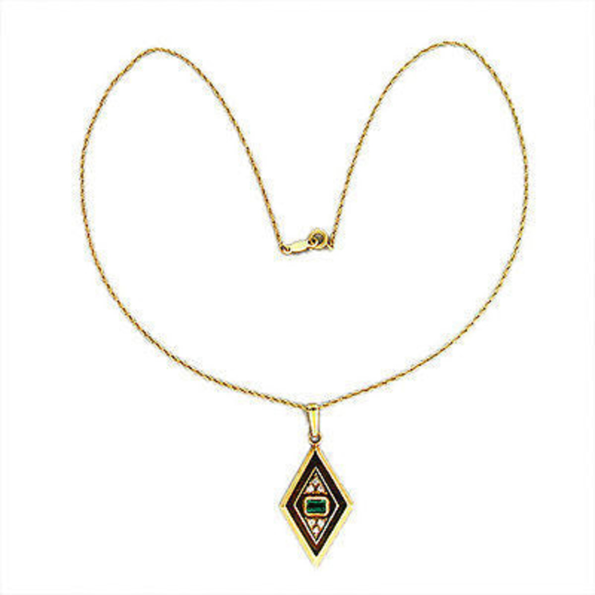 Vintage Fine Columbian Deep Green Emerald Retro 14K Gold Diamond Pendant Chain