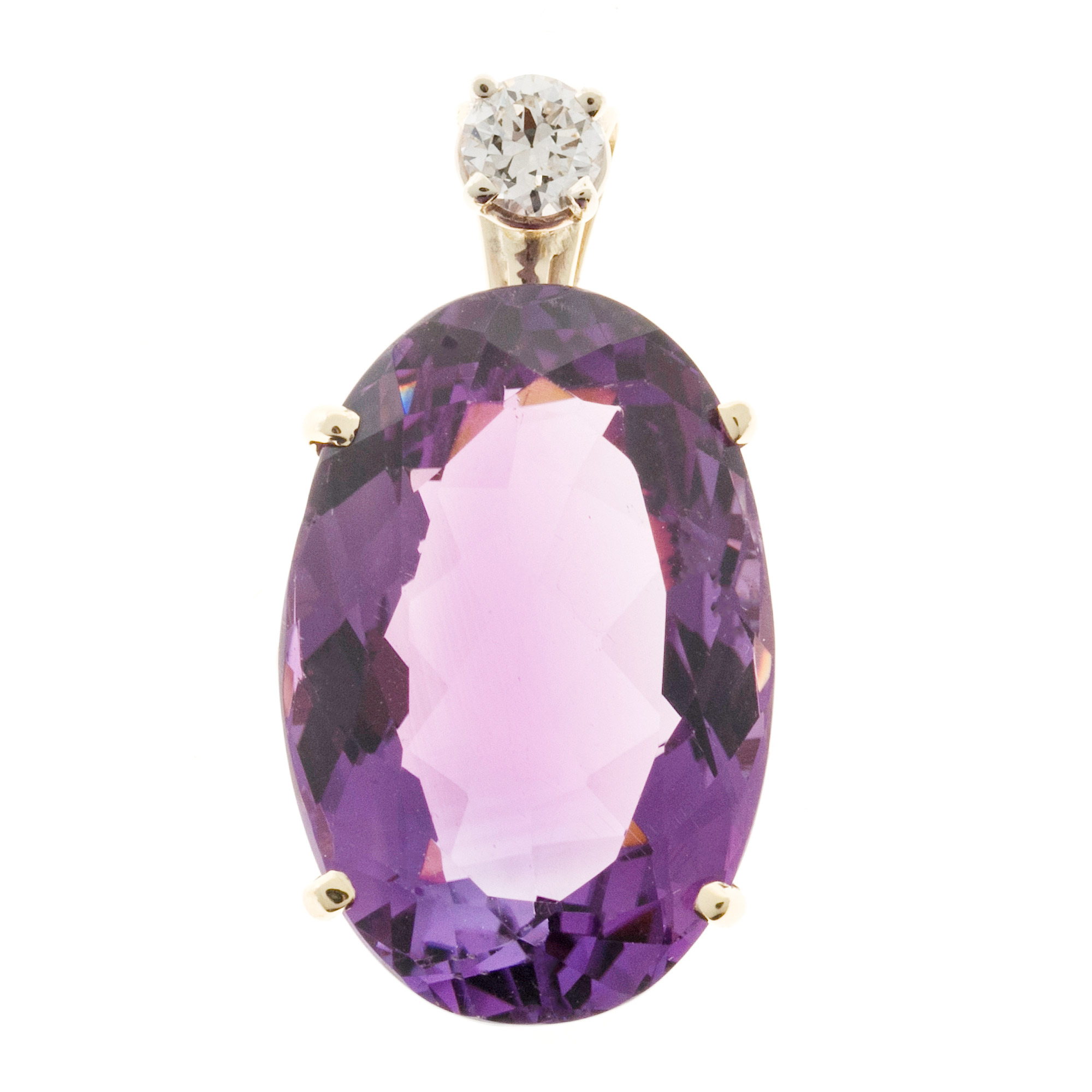 Vintage 14K Yellow Gold 23.62ct Bright Clear Amethyst and Filigree Diamond Pendant 