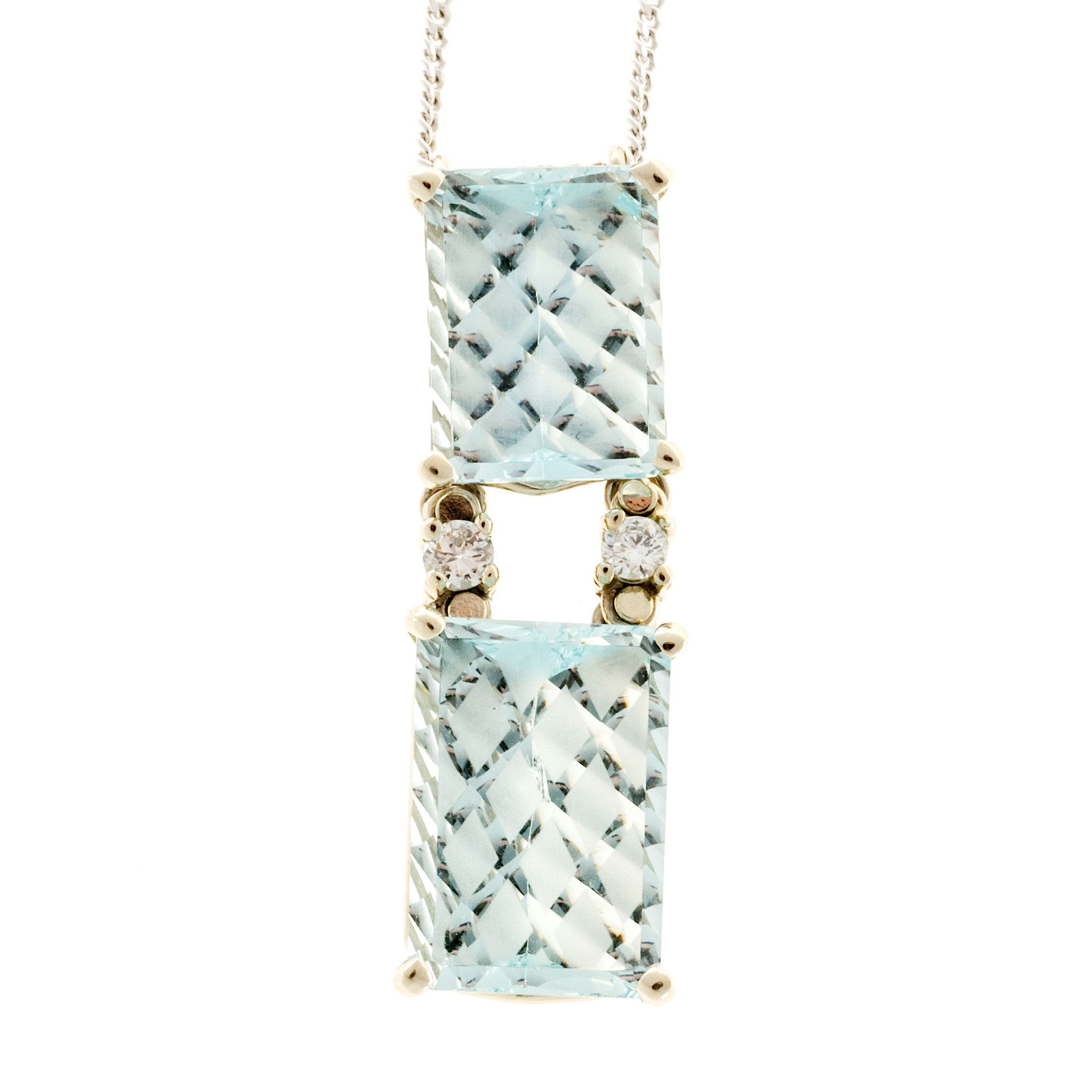 Art Deco 14K White Gold 6.09ct  5.7ct Aquamarines  0.12ct Diamond 2 Etched Checker Board Pendant Necklace 