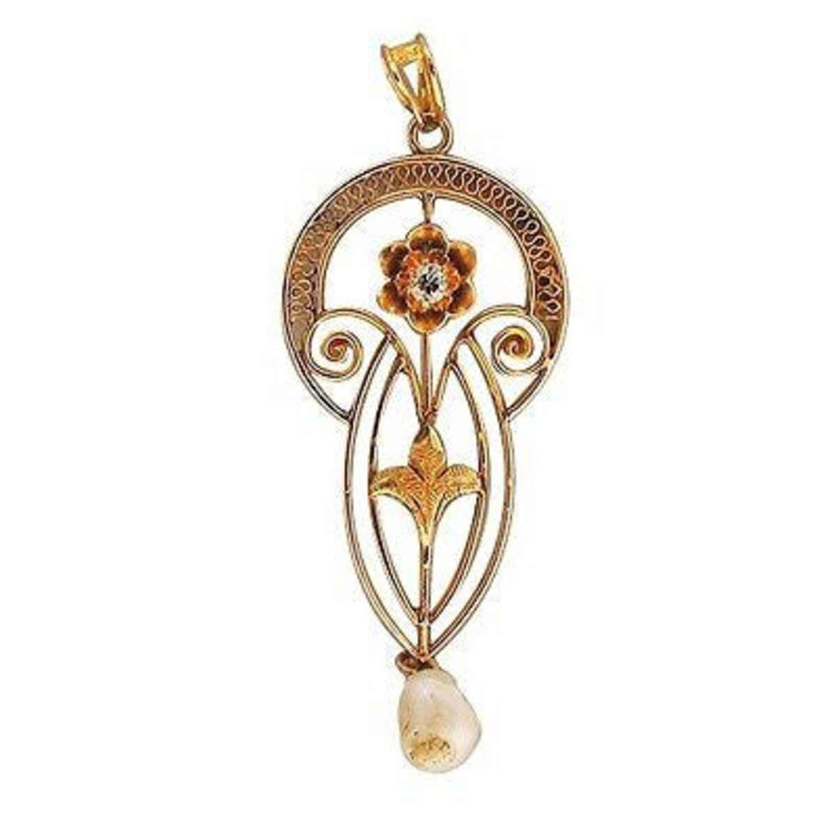 Vintage Victorian 1900s Scroll 14K Gold Diamond 6.5mm Freshwater Pearl Pendant