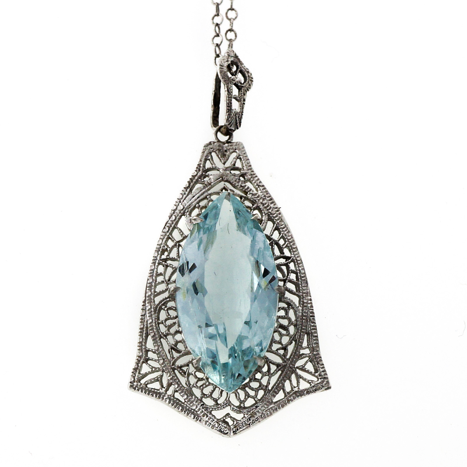 14K White Gold 5.15ct Marquise Aquamarine Filigree Vintage Art Deco Pendant Necklace