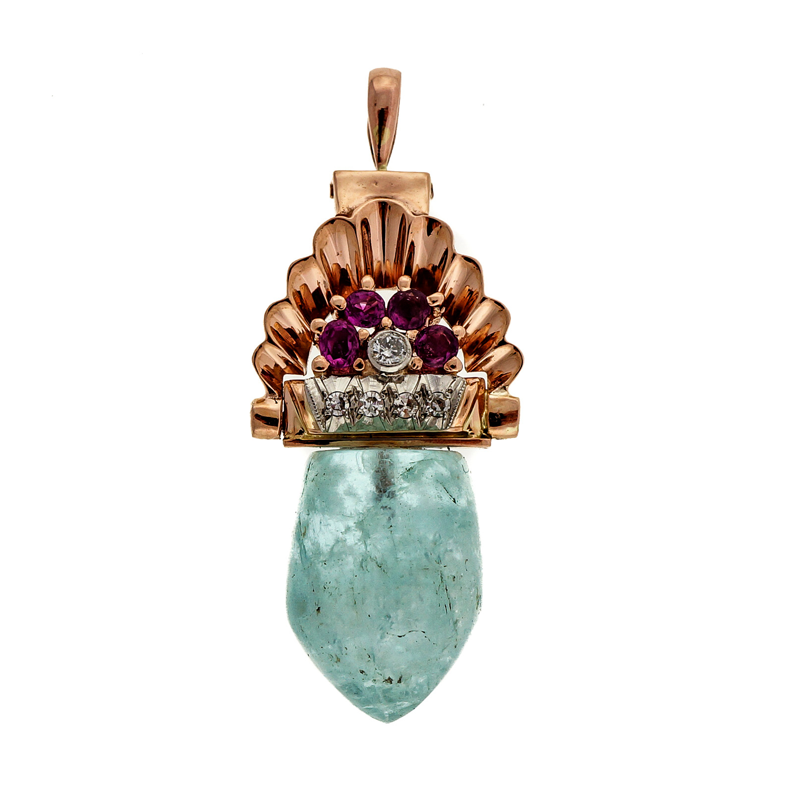 14K Rose Gold 27.00ct Aquamarine Ruby Diamond Art Deco Pendant 