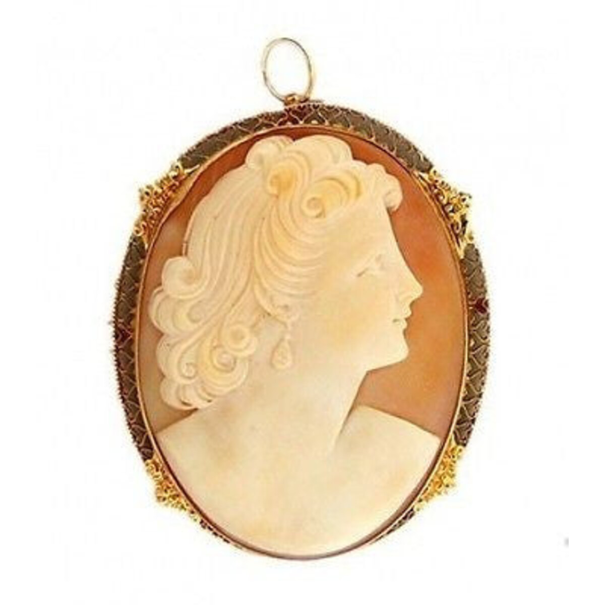 Estate 1930 14k Yellow Gold Shell Coral Heart Cameo Oval Pendant Woman Profile