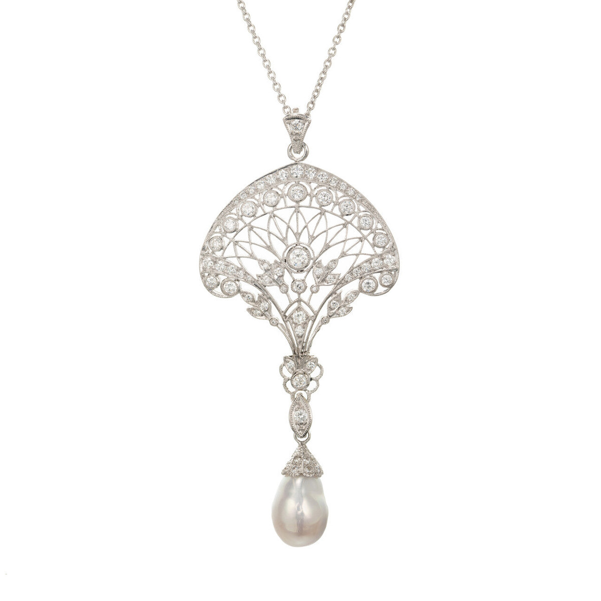 Platinum Vintage Estate Baroque Cultured Pearl Pave Diamond Necklace