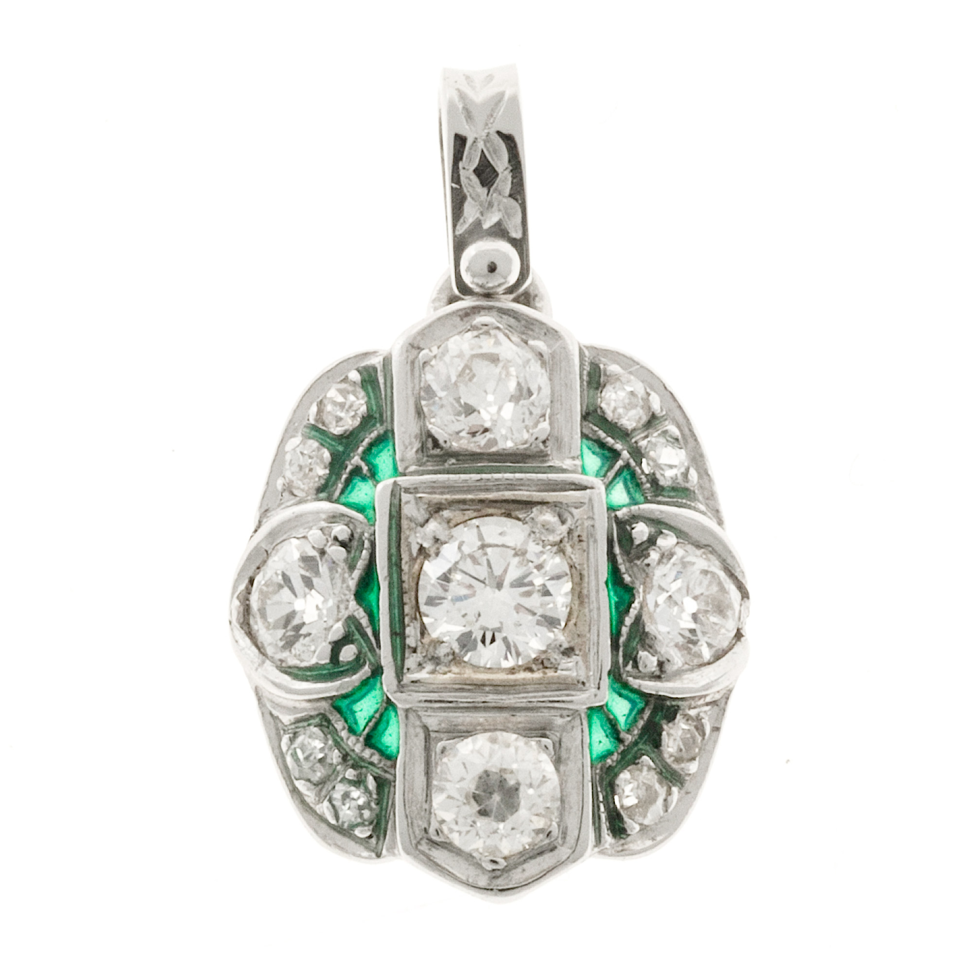 Vintage Platinum Old European Cut Diamond Green Enamel Pendant