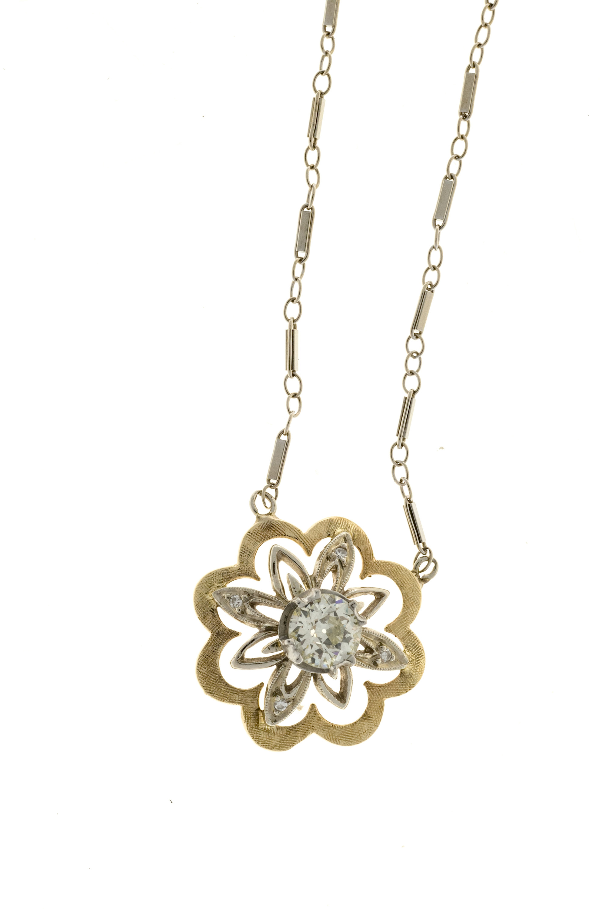 14K White and Yellow Gold 0.67ct European Cut Diamond Bar Link Chain Flower Pendant Vintage Necklace
