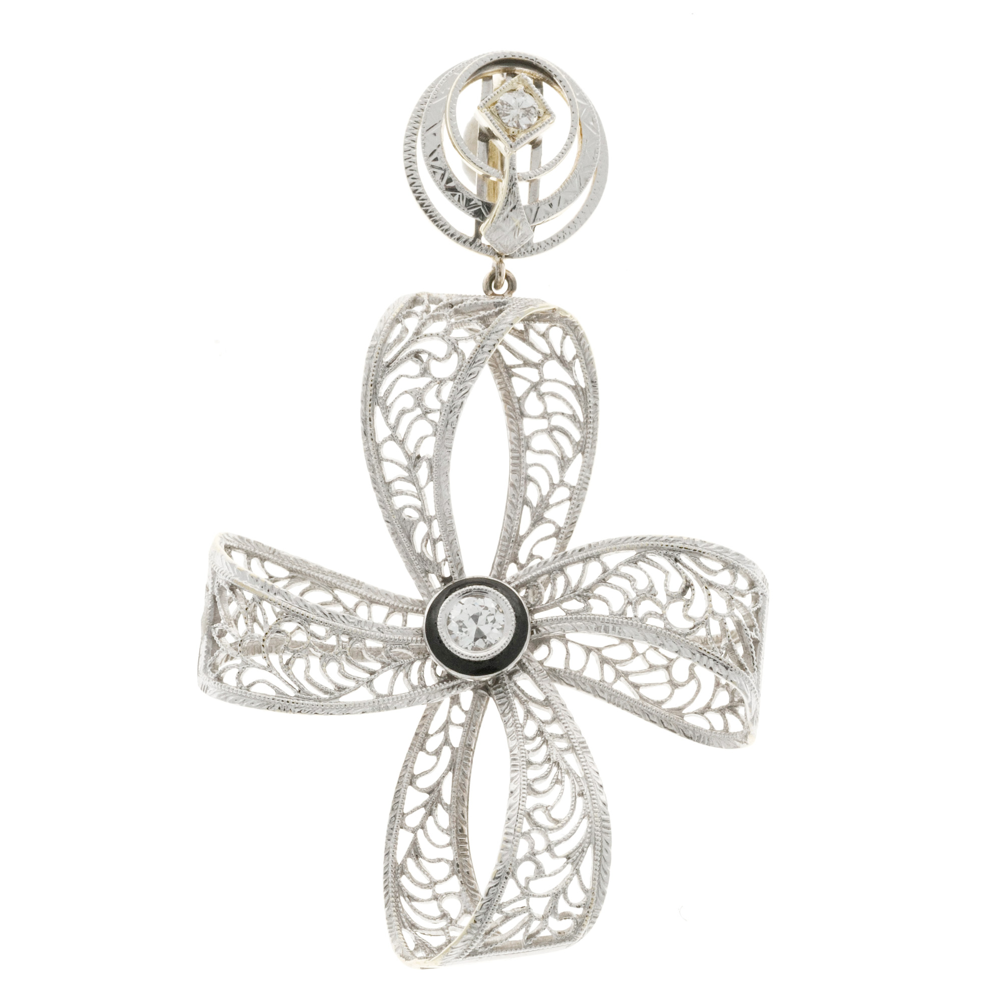 14K White  Yellow Gold with 2.10ct. Diamond  Enamel Filigree Cross Pendant