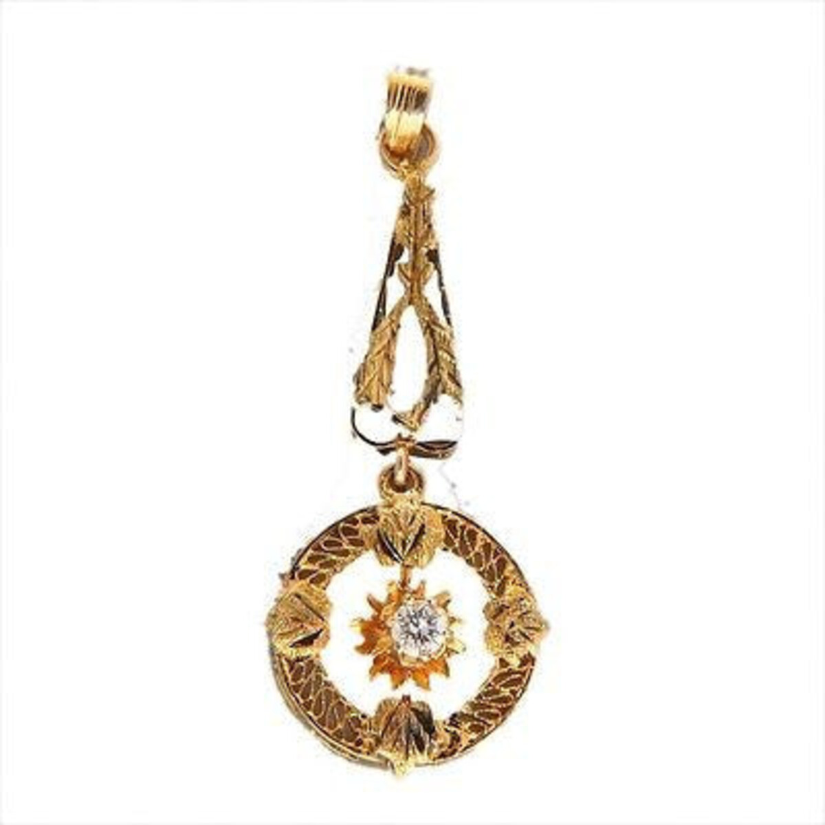Vintage Estate Filigree 14K Yellow Gold .05 Ct 1920 Diamond Pendant