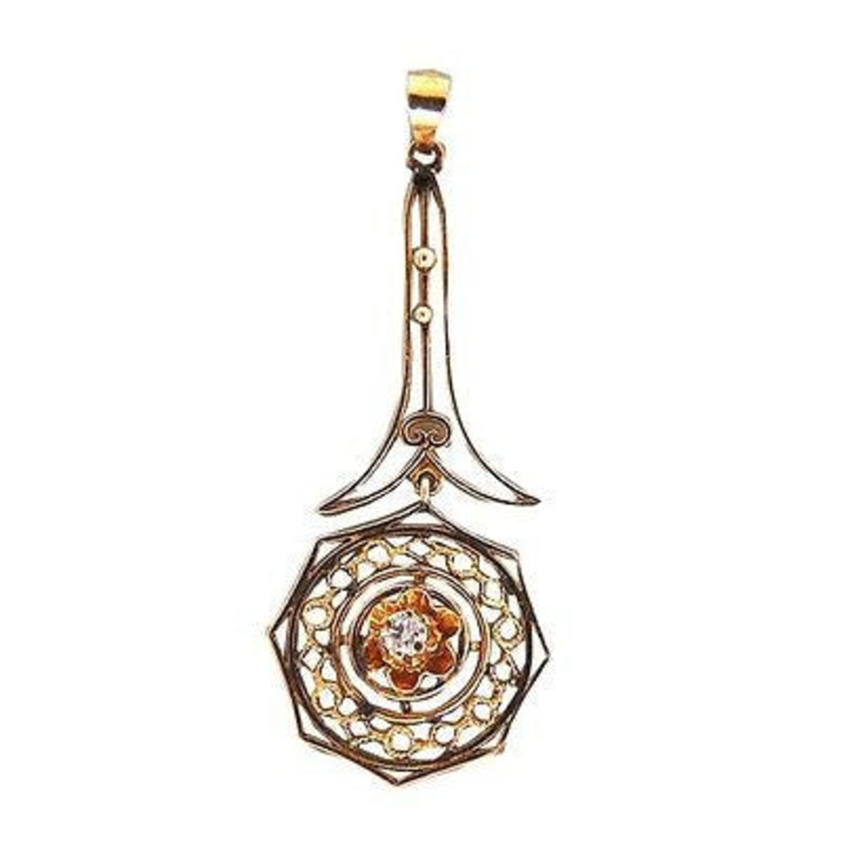 Vintage Estate Victorian .03 Ct Diamond 14K Pink Gold Filigree Pendant