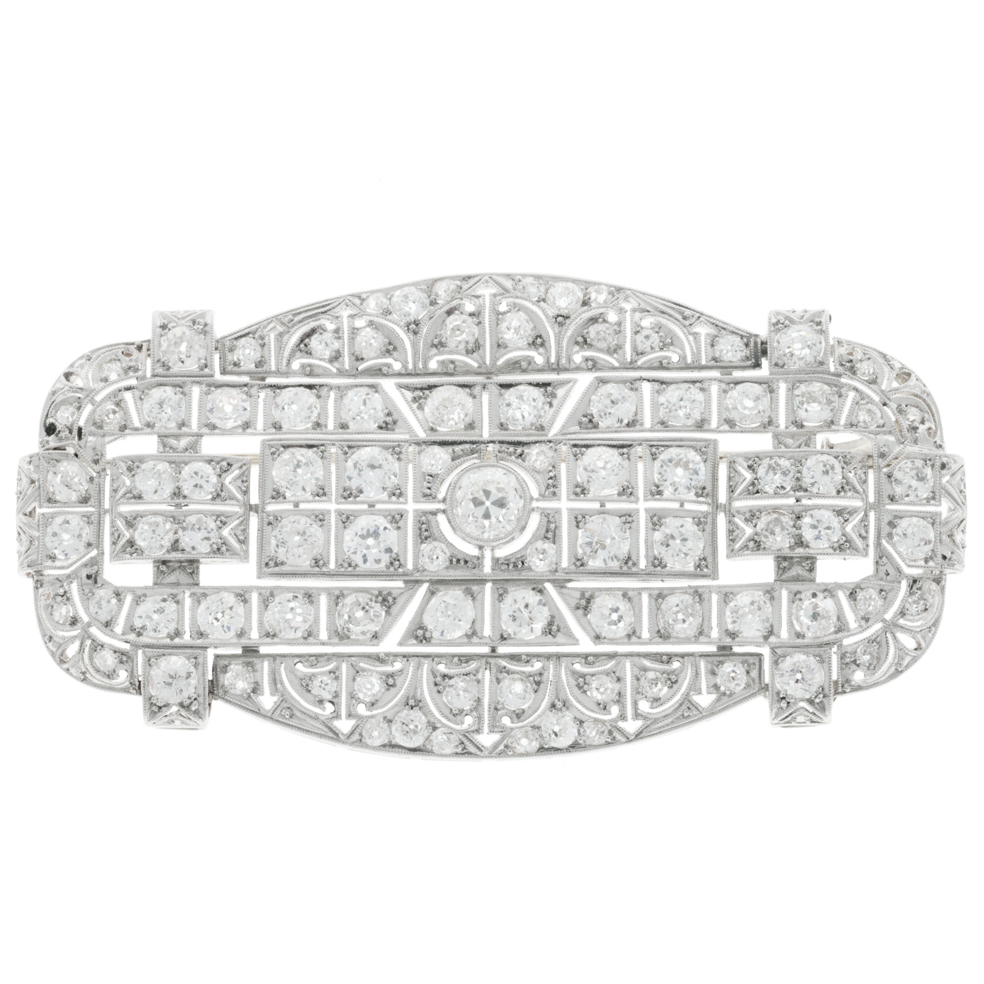 Vintage 14K White Gold and Platinum Old European Cut Diamonds Large Art Deco Pin 